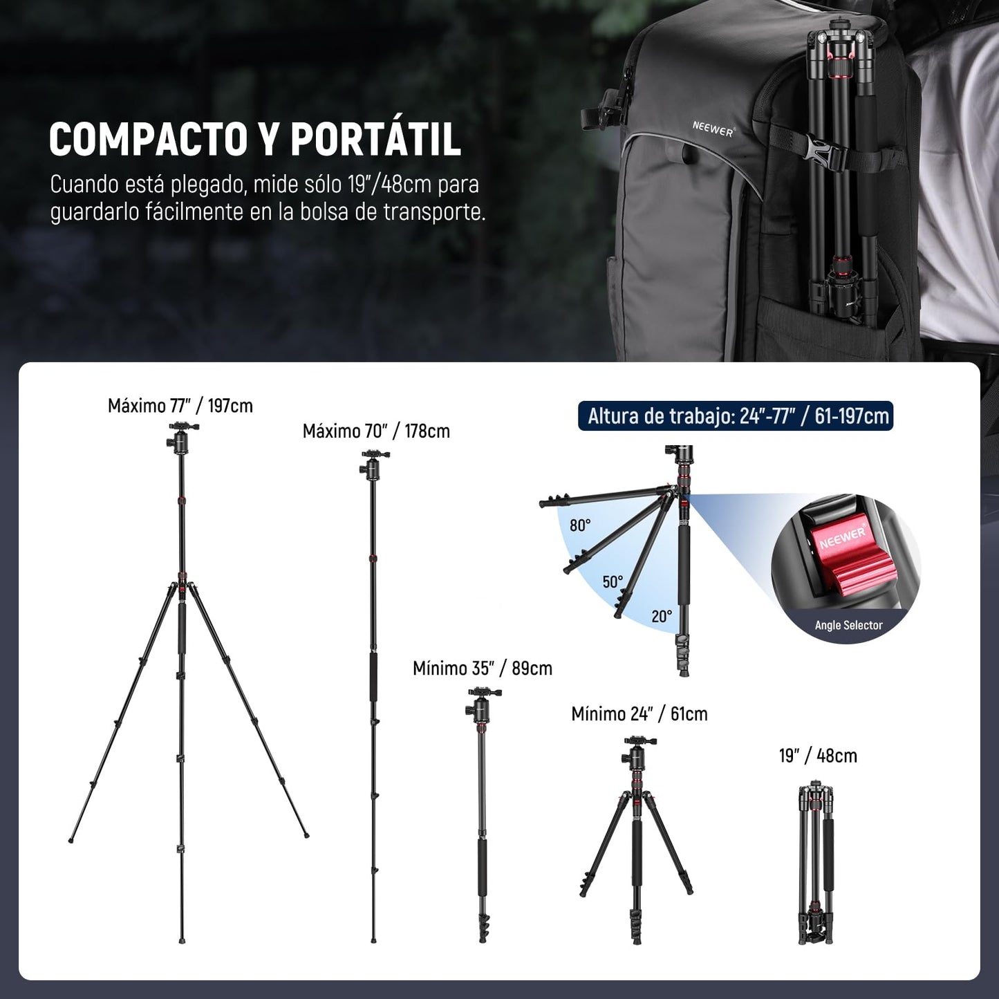Trípode de Cámara Neewer Aluminio Compacto con Rótula Panorámica para Fotografía Profesional