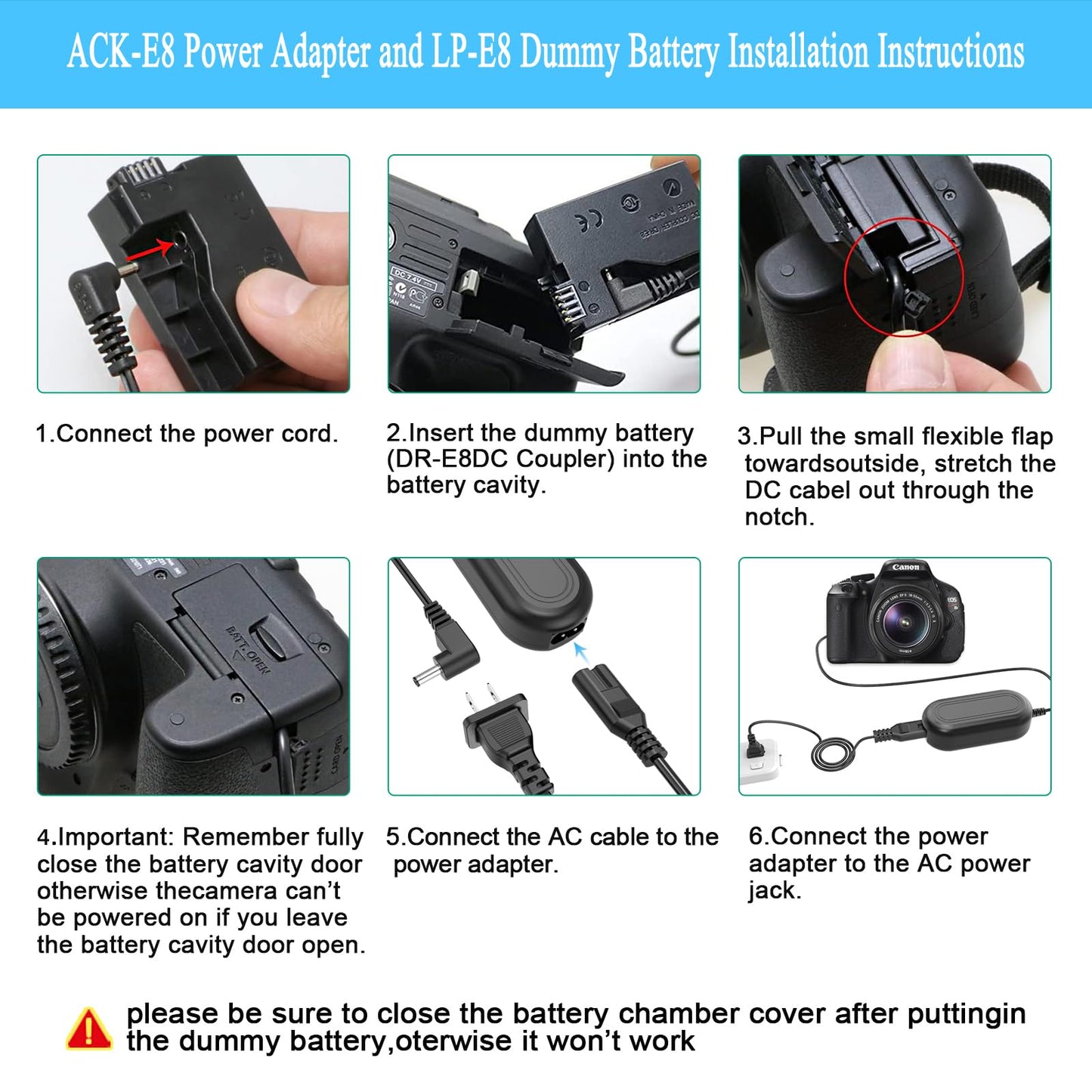 Partstec ACK-E8 AC Power Adapter Plus DR-E8 DC Coupler Camera Charger Kit (Canon LP-E8 Battery Replacement) for Canon EOS Rebel T5i T4i T3i T2i Kiss X6 Kiss X5 Kiss X4 700D 650D 600D 550D