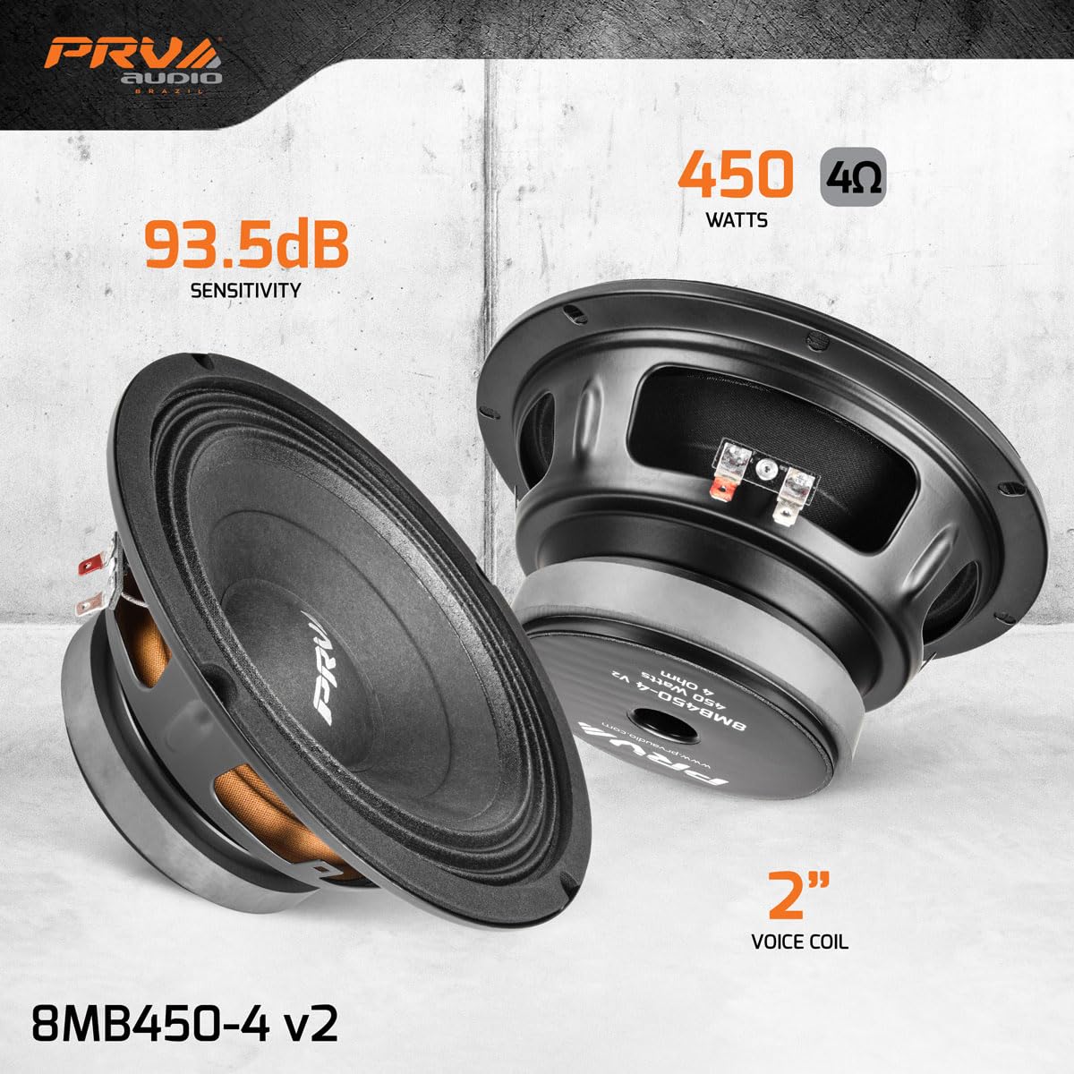 PRV AUDIO Altavoz de bajo Medio de 8 Pulgadas 8MB450-4 v2, Potencia de Programa de 450 vatios, Bobina de Voz de 2 Pulgadas, 4 ohmios, 225 vatios RMS Pro Audio Woofer de bajo Medio (Individual)