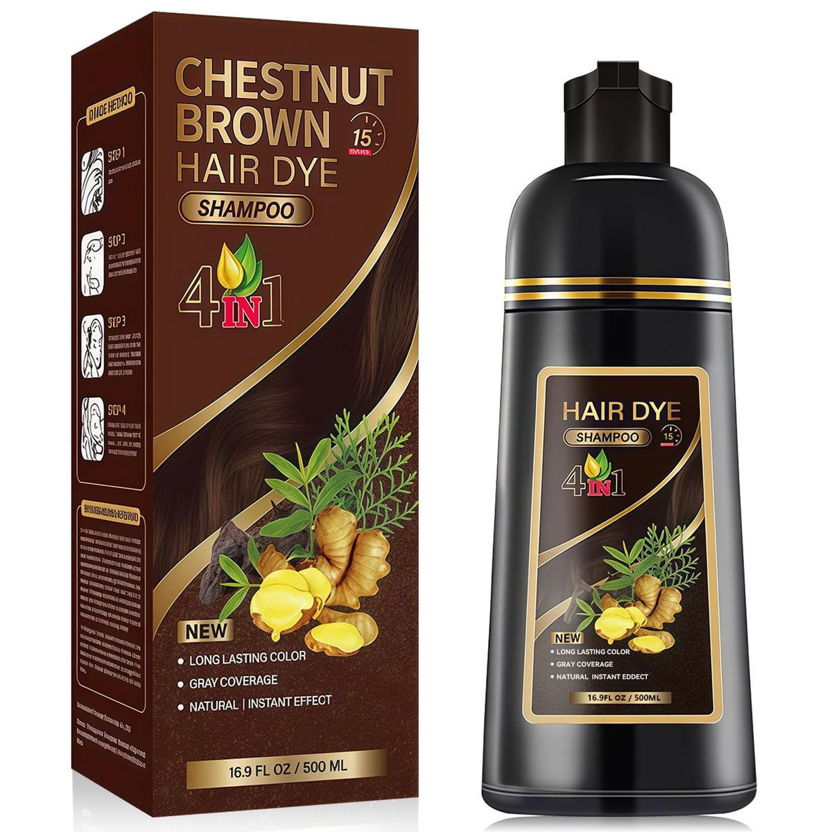 Marrón Castaño Hair Dye Shampoo, Shampoo Hair Dye, Champú Tinte Instantáneo 4 En 1, Suave y delicado, Cobertura de Canas, larga duración, Adecuado Para HombresY mujeres(Marrón castaño)