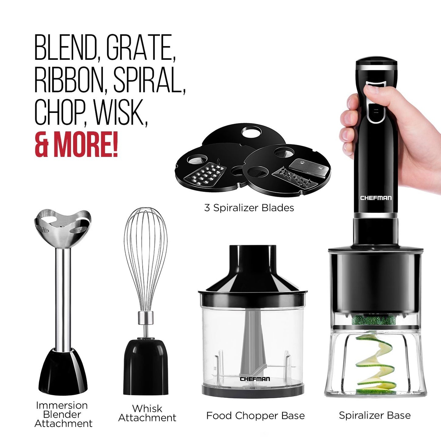 Chefman | Batidora de Mano | Hand Blender | Licuadora de Mano | 3 Cuchillas | 6 en 1 | Negro