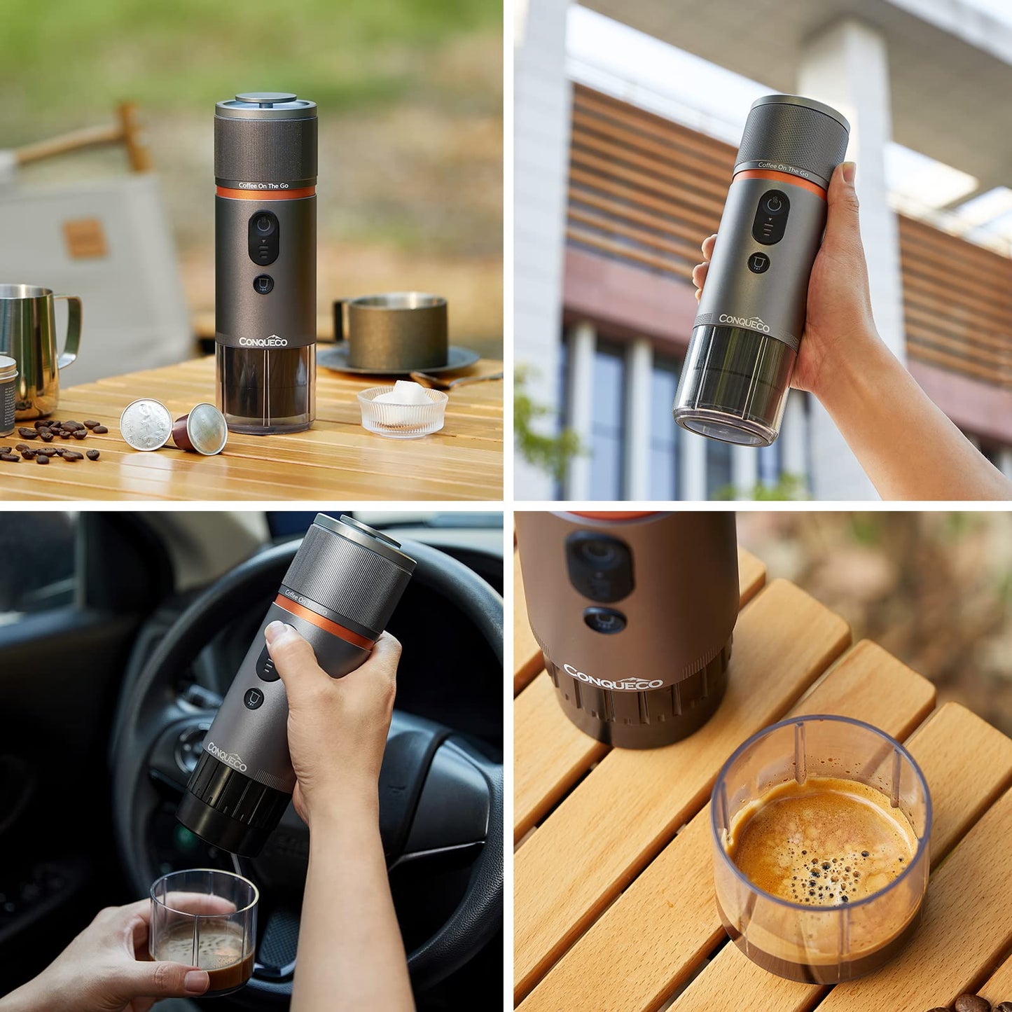 CONQUECO Cafetera Portátil con Cápsula de Espresso - 12V Máquina de Café Electrica con Batería - para Coche Camión y Viajes - Compatible con Cápsulas Originales Nespresso y Cápsula L'or（marrón）