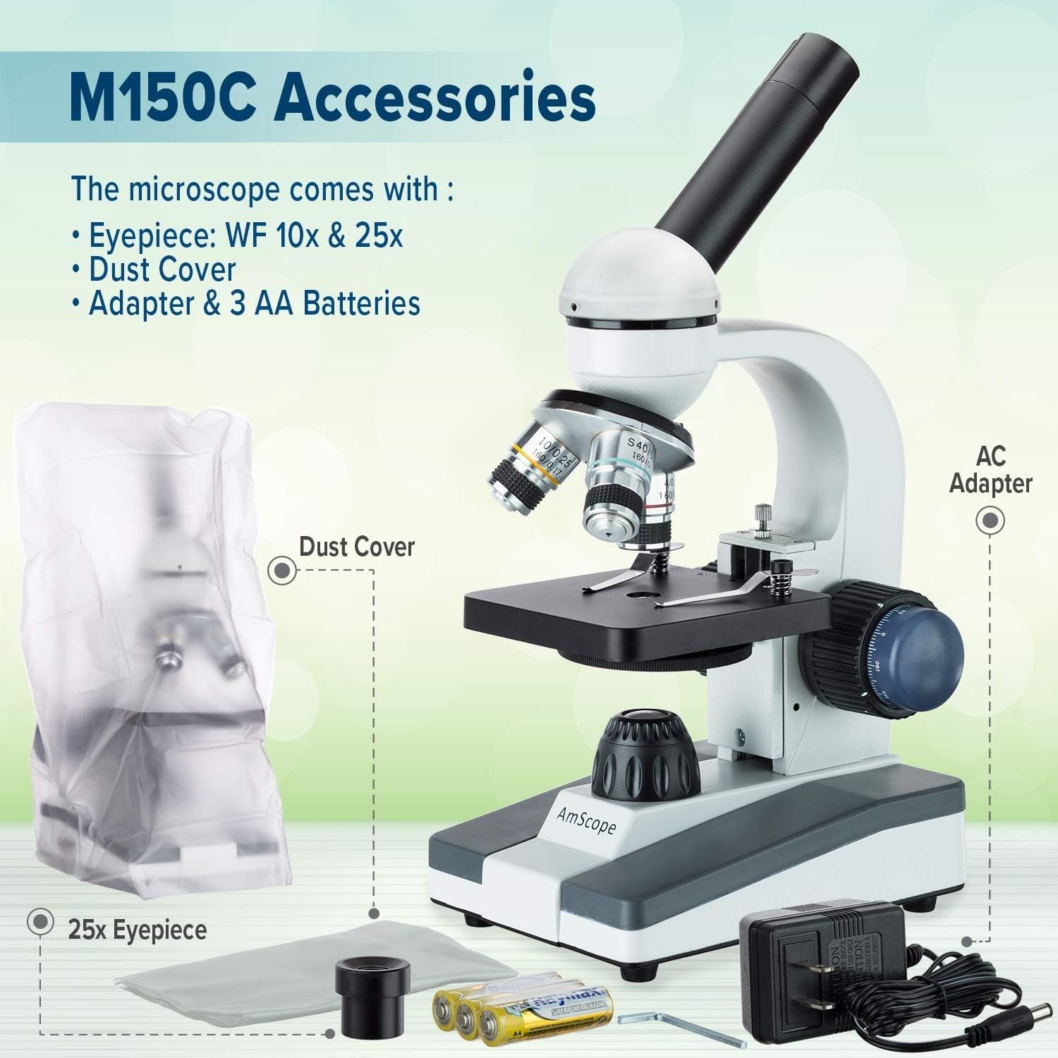 Microscopio Compuesto AmScope M150C-E-A LED Blanco con Enfoque Grueso y Fino para Estudiante y Cámara Digital USB