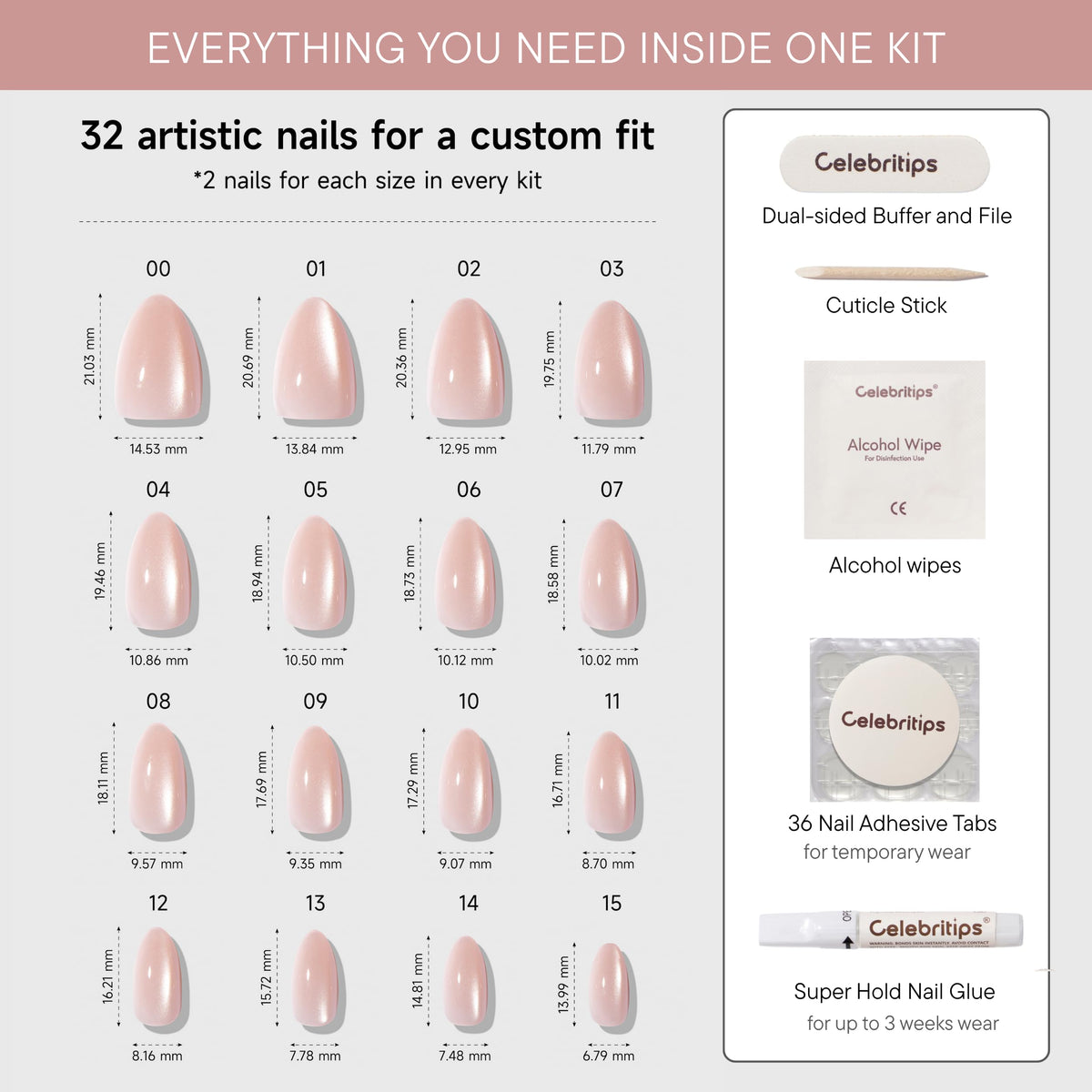 Celebritips Uñas Postizas Decorativas | Uñas Cortas Almendradas, Reutilizables | 16 Tamaños - Kit De 32 Uñas Con Pegamento De Fijación Extrafuerte Y Pestañas Adhesivas(Ella Lleva Cristales En Sus Uñas