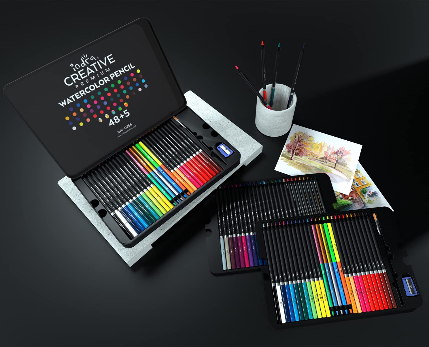 Colores acuarelables Indra Creative 48+5 lápices profesionales de acuarela con pincel y sacapuntas para adultos y niños