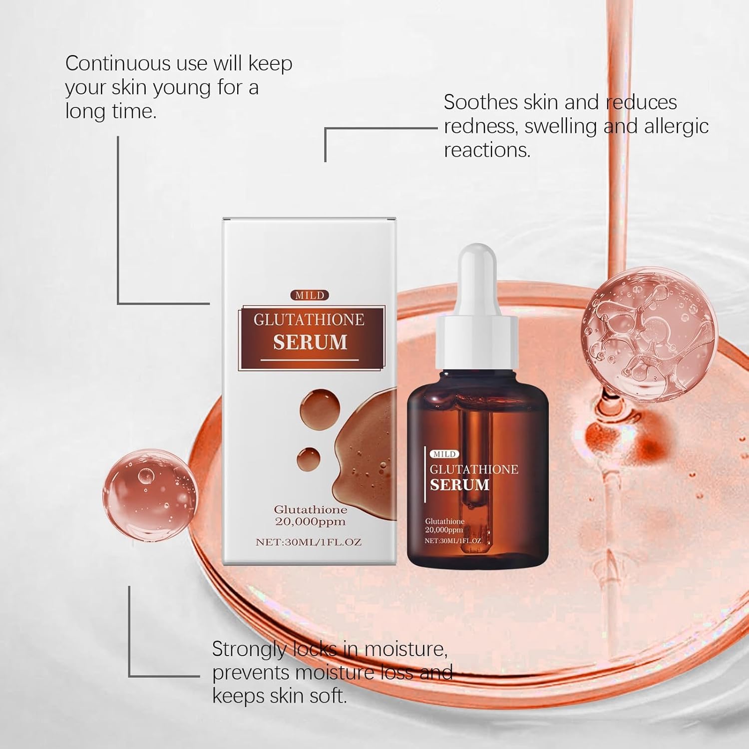 Serum with 20,000ppm Glutathione, Niacinamide, and Hyaluronic Acid | Improve Skin Elasticity & Reduce Wrinkles | 3PCS Pack for Radiant Skin | 30ML/1FL.OZ