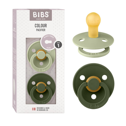 BIBS Chupones Colour Pack de 2, Tetina redonda de látex natural, Talle 1, Color Sage/Hunter Green, 0 a 6 meses, Hecho en Dinamarca