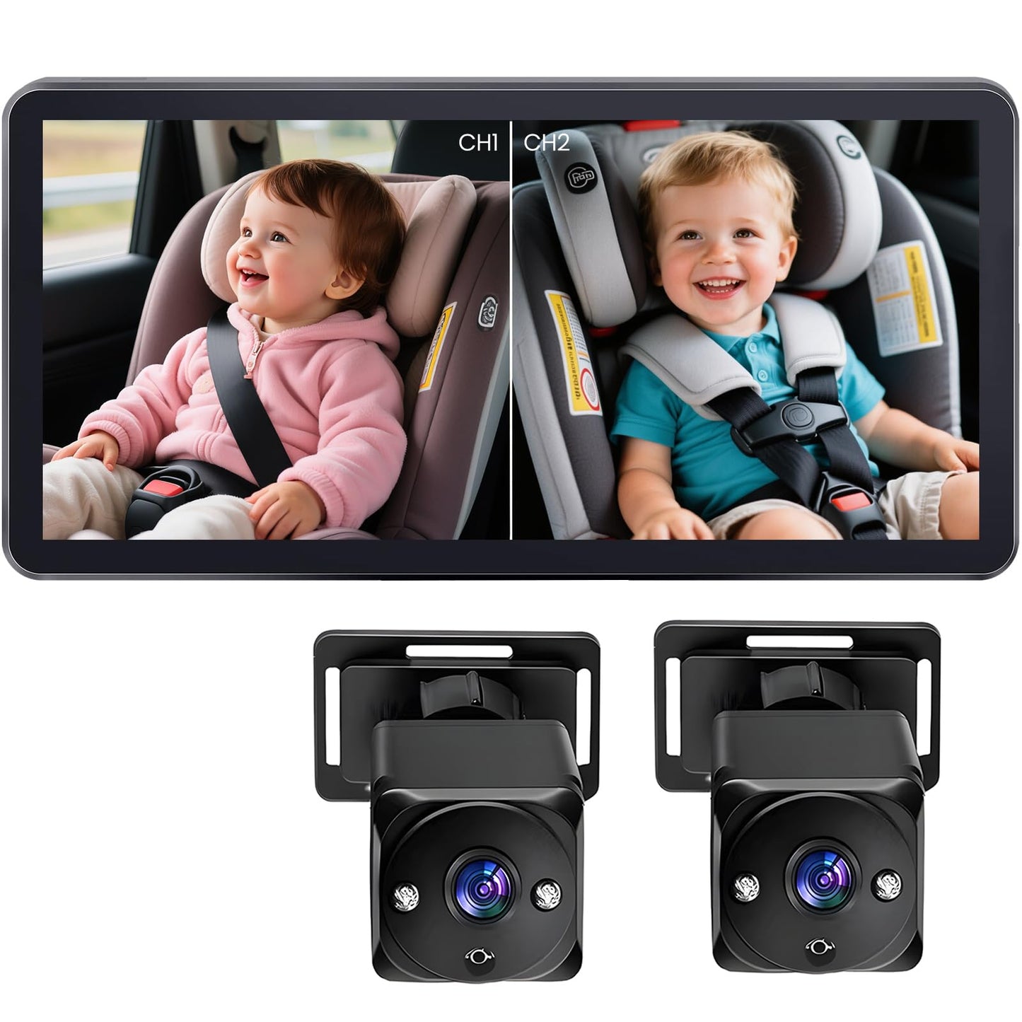 Muja Cámara Coche Bebé Asiento Trasero, Pantalla HD de 7 Pulgadas 1080p, El Coche con 2 Cámaras Giratorias de 360°, Lente Gran Angular de 150°, Visión Nocturna, Garantizar la Seguridad del Bebé