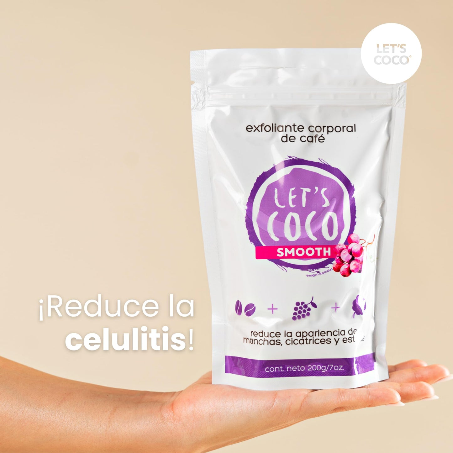 LET'S COCO | Exfoliante Corporal Anti estrías y cicatrices. Let’s Coco Smooth - Exfoliante de Café, Para Uso en Todo el Cuerpo - Contenido Neto 200 Gr – 7 Oz
