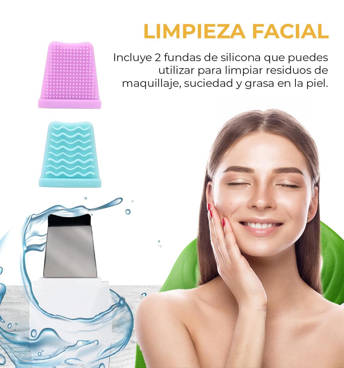 CLEOSKIN. Espátula Peeling Ultrasónico para remover espinillas y puntos negros. Incluye 2 fundas de silicona para limpieza facial y 4 agujas de acero para espinillas