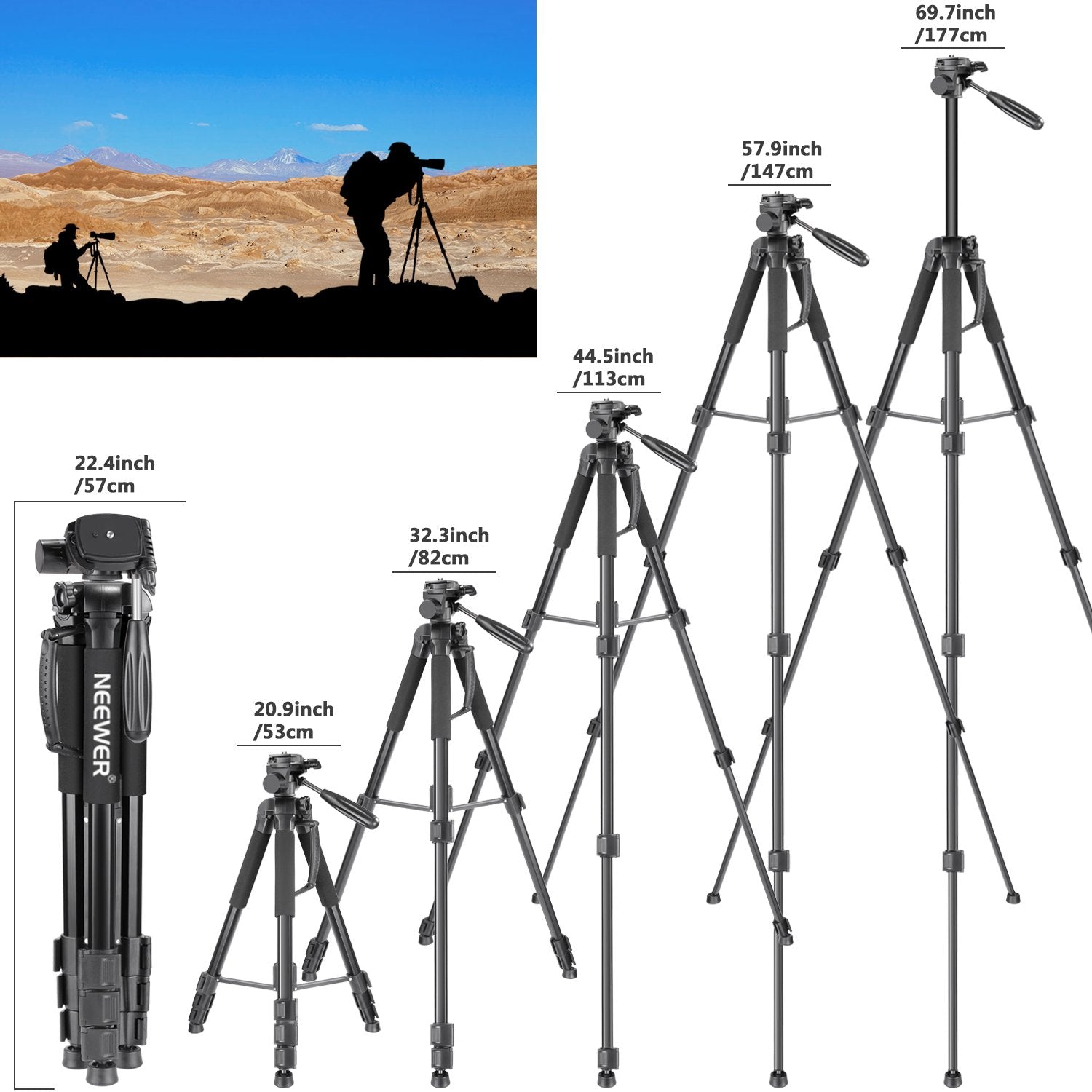 Trípode Monopié NEEWER Negro 177 cm de Aluminio con Cabezal Giratorio para DSLR Cámara DV Videocámara