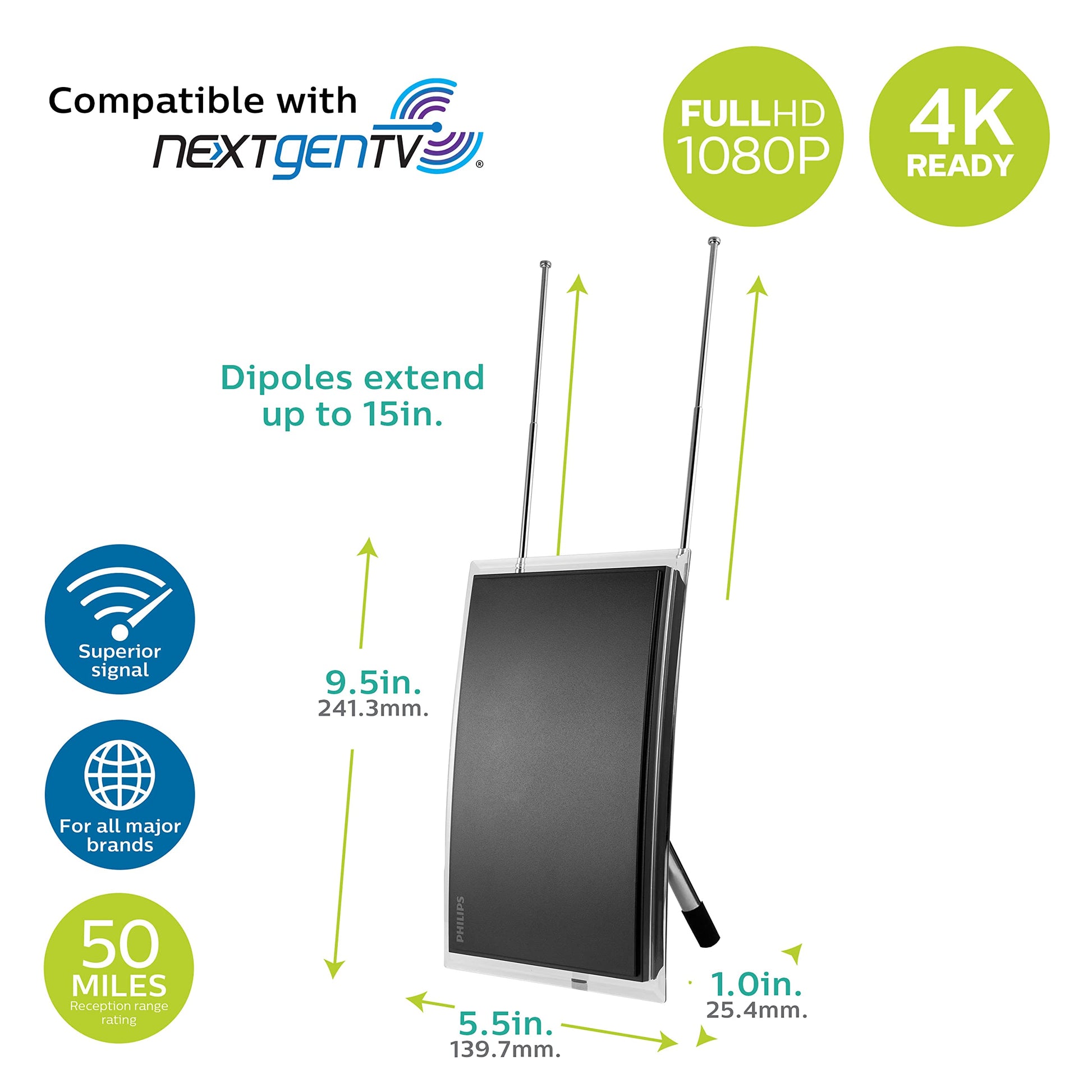 Philips SDV3237N/27 - Antena de TV amplificada para Interiores, Orejas de Conejo dipolares Extensibles, 4K 1080P VHF UHF, Largo Alcance, Amplificador de señal Amplificador, Antena Digital HDTV,