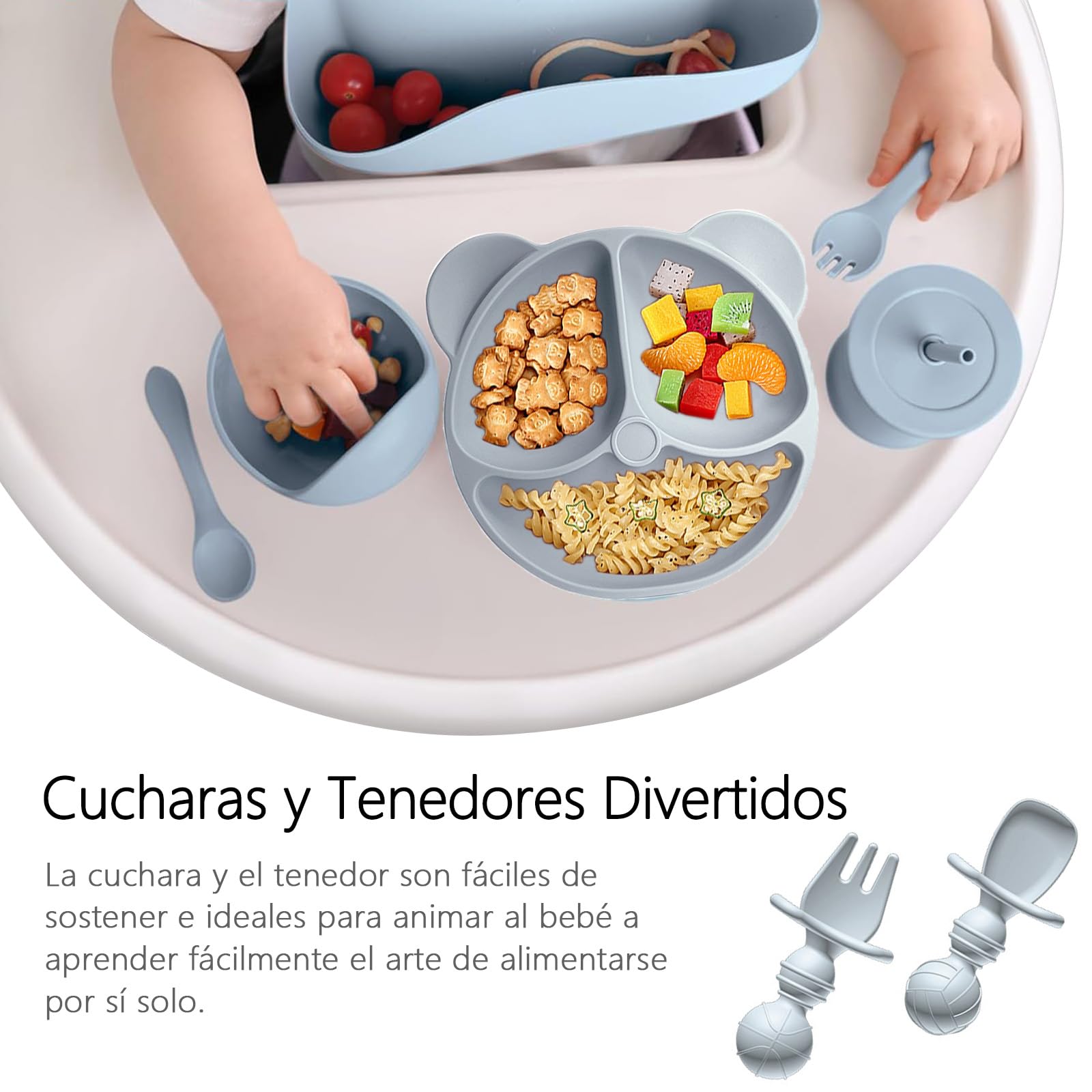ALIYU Platos para Bebe Silicon 8PCS, Kit Alimentación Complementaria Bebe, Plato para bebe con ventosa, Baberos de silicona para bebe, Sin BPA, Fácil de limpiar, Vajilla bebe silicona (Gris)