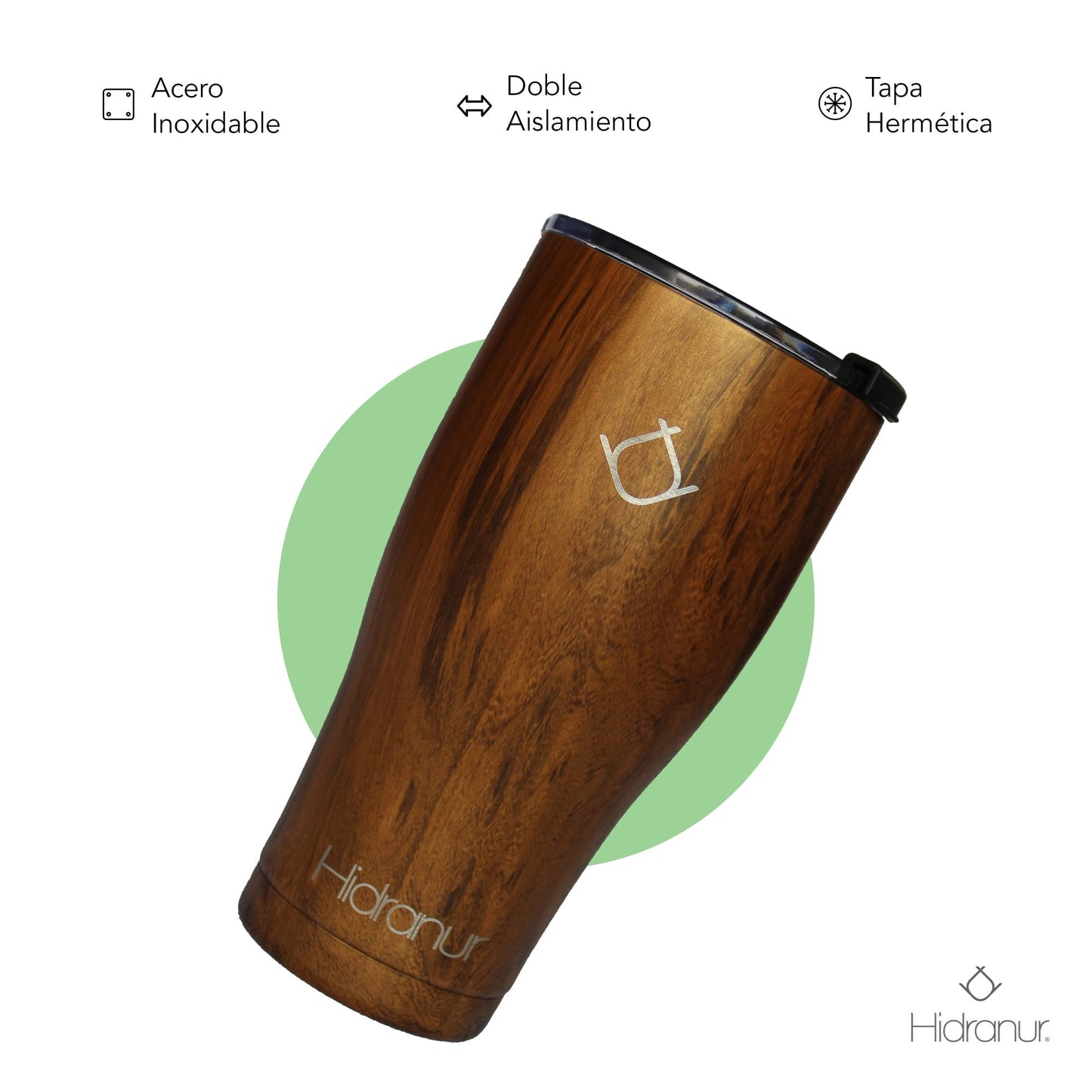 Hidranur Termo de Acero Inoxidable Doble Aislamiento Térmico, Termo 20 oz (591.471 ml), Termo para Café, Tapa Hermética Antifugas, Popote Incluido (Madera, 20 Oz (591.471 ml))