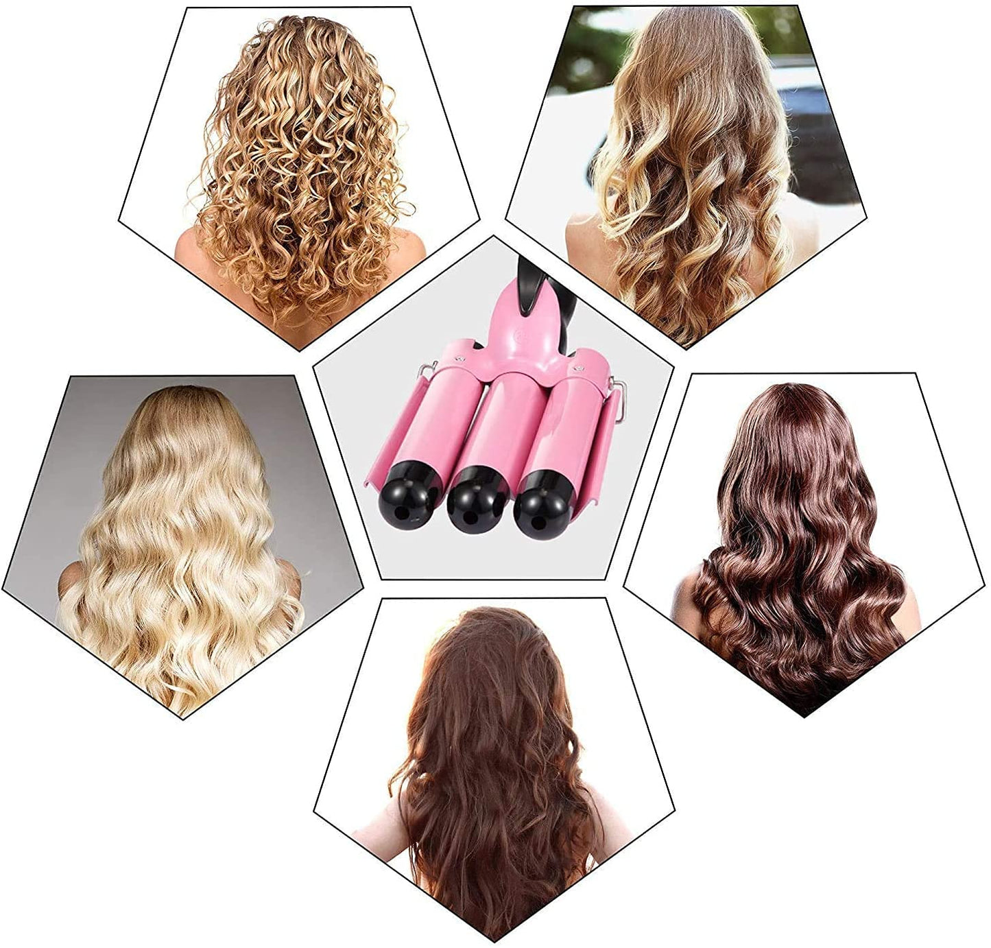 Rizador de Pelo, Ondas Cerámica con Temperatura Ajustable, Triple Tubo Rizador de Cabello de 25mm, Herramienta de Peinado Automático para Mujer Cabello Largo/Corto y Viajero Regalo (Rosado)