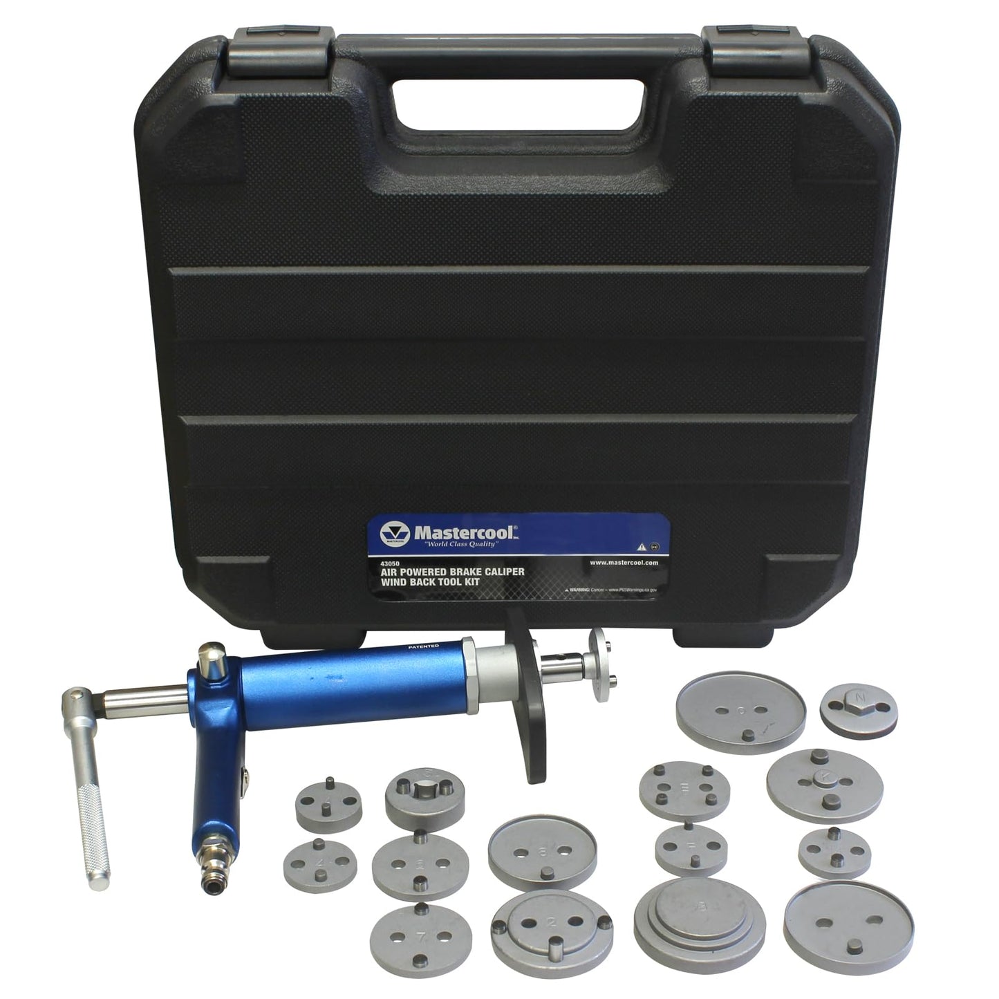 Mastercool 43050 - Kit de herramientas de pinza de freno accionada por aire, juego de adaptadores de 15 piezas, operación izquierda/derecha, unidad de 3/8 pulgadas, base magnética