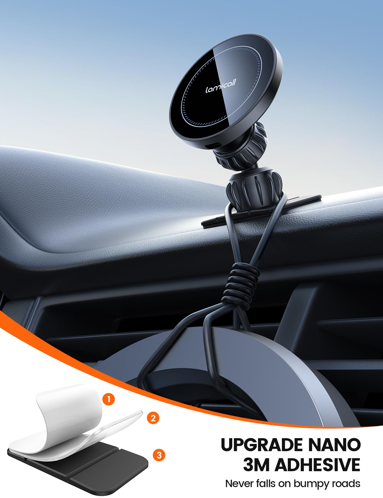 Lamicall mag Safe Cargador Inalámbrico Automovil 15W - [Mejorado Chip Inteligente] [Dash & Vent] 360° Soporte mag Safe para Auto, mag Safe Charger, para iPhone 16 15 14 13 12 mag Safe Case