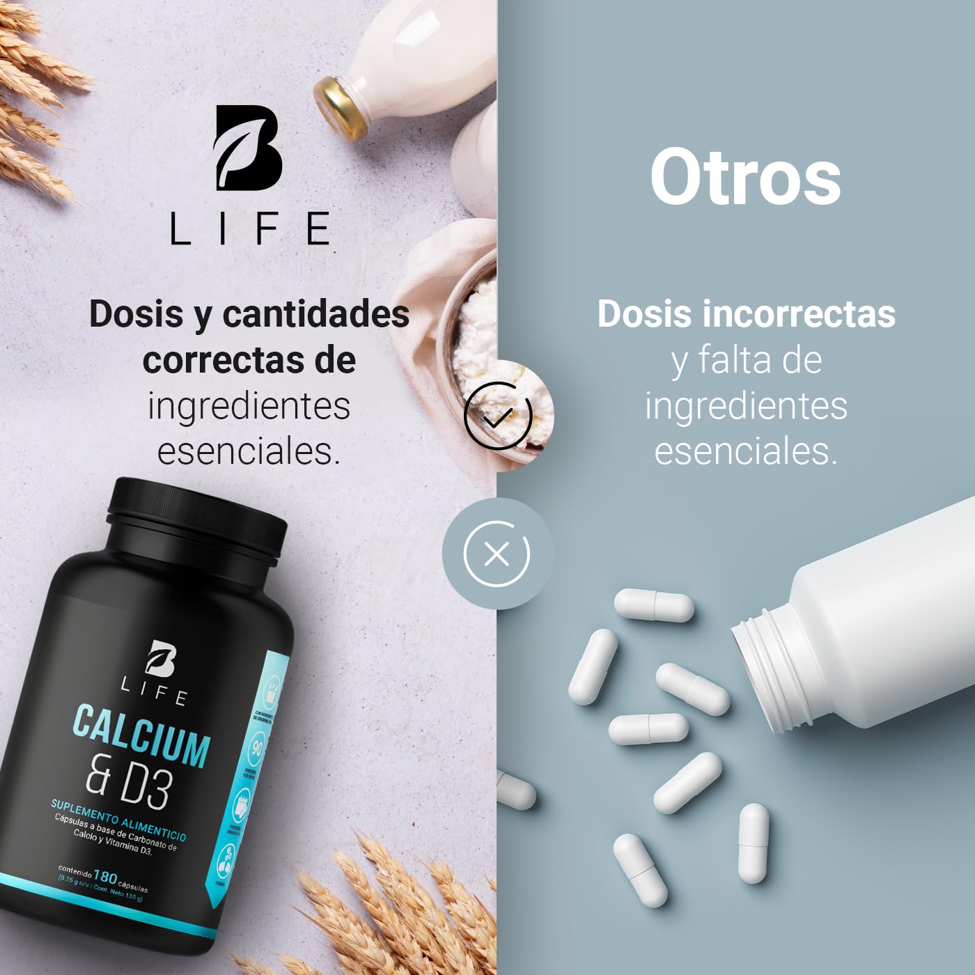 Calcio y Vitamina D3 concentración de 1500 mg de Carbonato de Calcio (equivalente a 600 mg de Calcio). Ingredientes Naturales en 180 Cápsulas. Calcium & D3 B Life