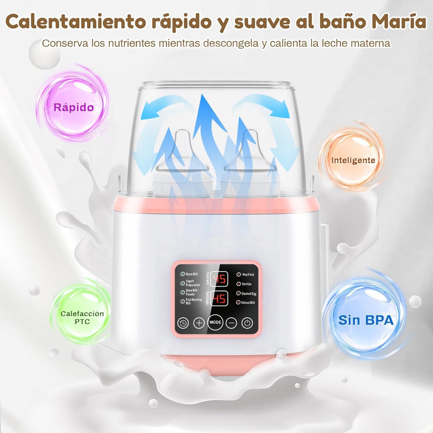 EEBOU Calentador de Biberones Esterilizador Multifuncional 8 en 1 [Modelo Mejorado de 2026], Apto para 4 Biberones, Calentador de Biberones Portatil Modo Constante de 24H, Sin BPA (Rosa)