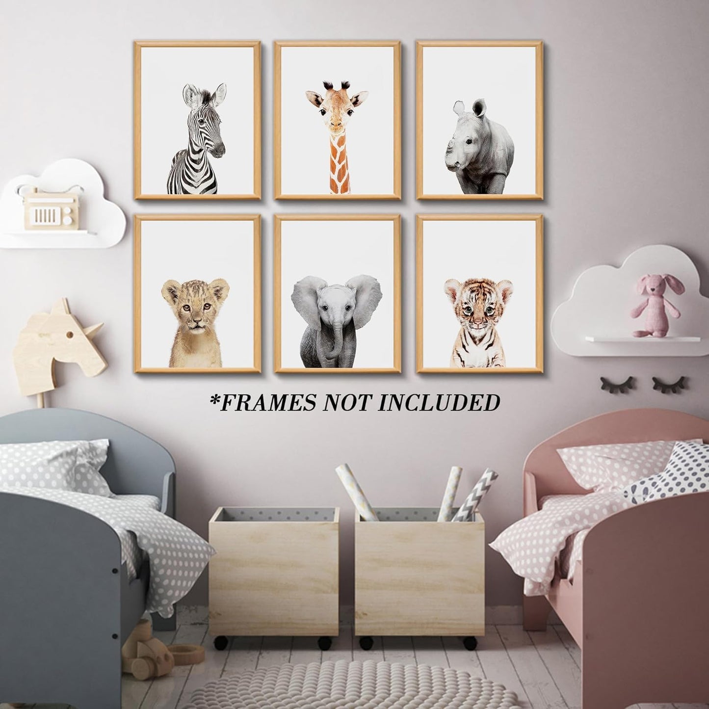Calmart Jungle Safari Animal Prints, arte de pared, paquete de 6, sin marco, moderno, contemporáneo, tema animal, impermeable, orientación paisajística, acabado brillante, decoración de habitación de