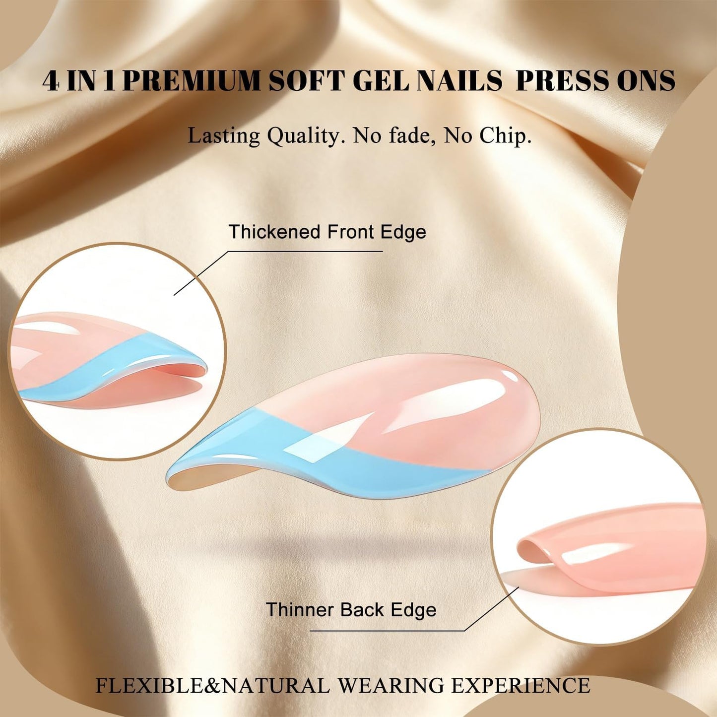 JOYVVEW Uñas francesas cortas y cuadradas, uñas postizas azules con base nude natural, uñas postizas con pegamento, uñas postizas clásicas reutilizables de gel para uso diario, 30 unidades