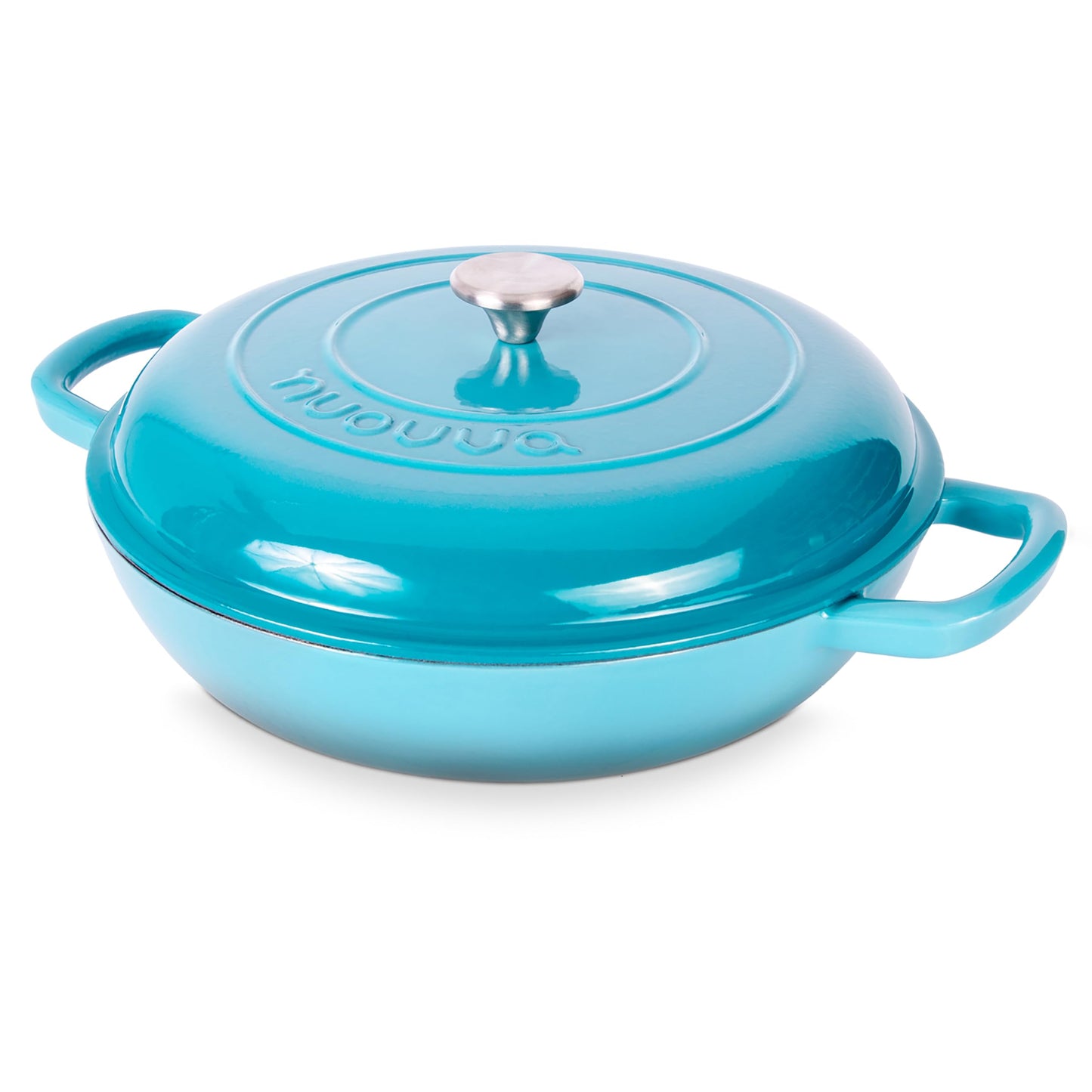Nuovva - Cacerola de hierro fundido poco profunda con tapa, olla antiadherente para horno holandés, utensilios de cocina resistentes a prueba de horno, olla esmaltada, azul, 5 cuartos de galón, 32 cm