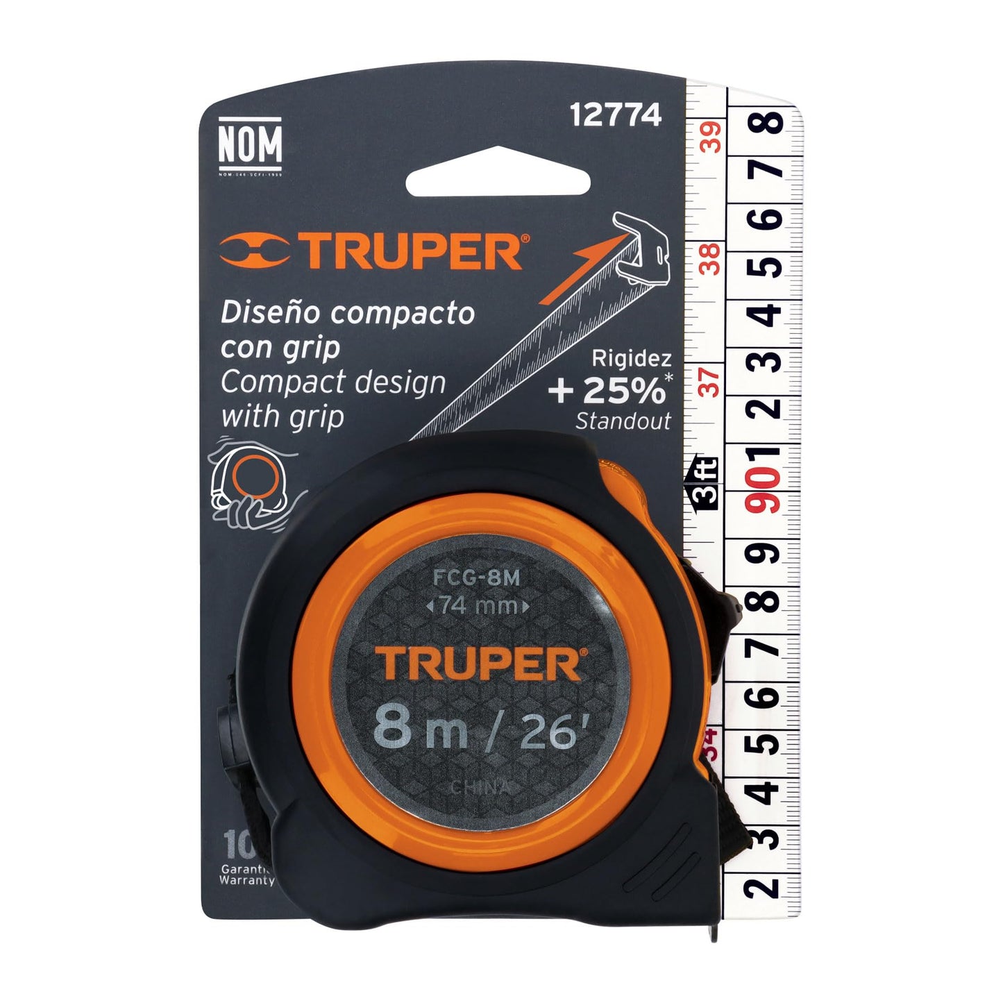 Flexómetro Compacto Truper Naranja 8 m Cinta 25 mm contra Impactos