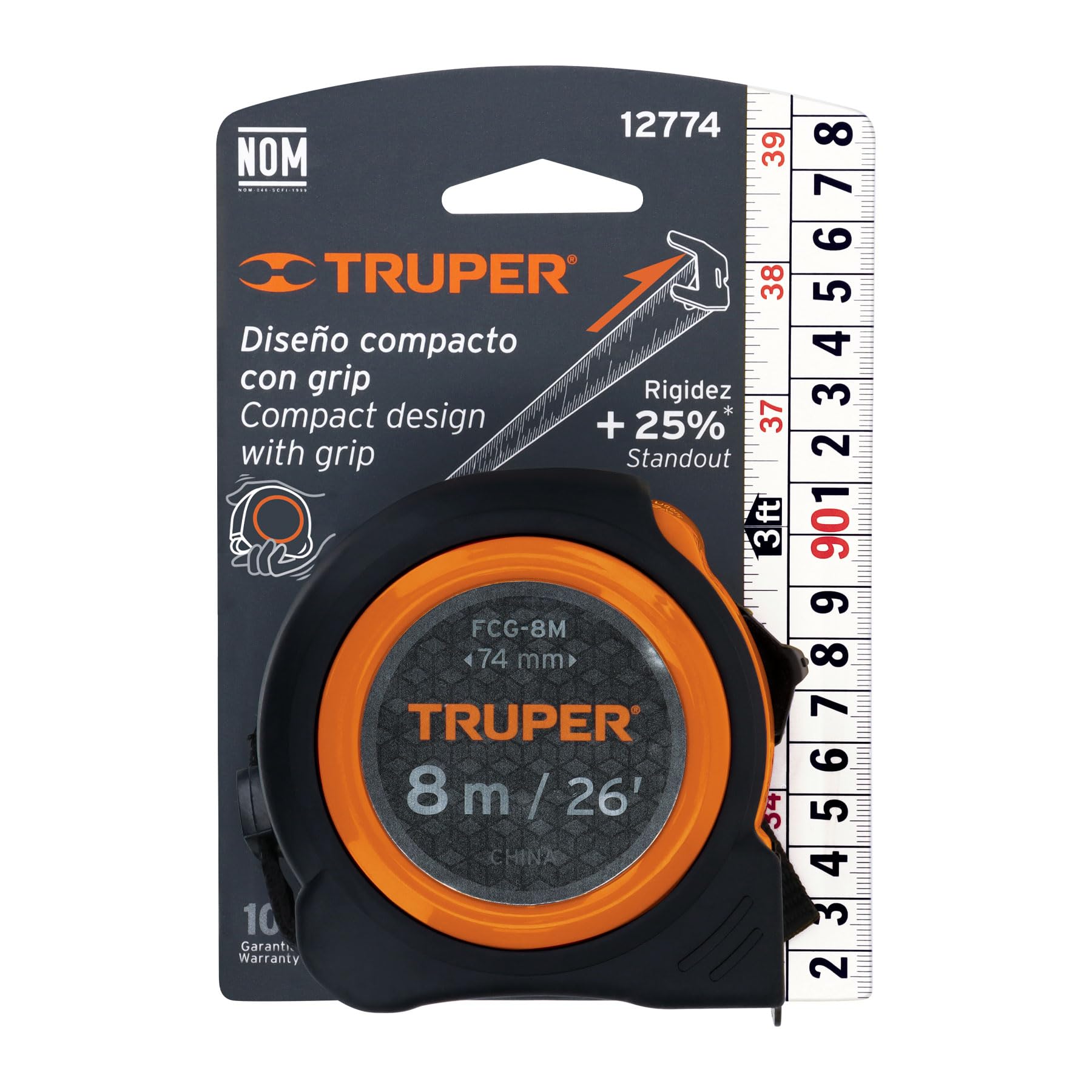 Flexómetro Compacto Truper Naranja 8 m Cinta 25 mm contra Impactos