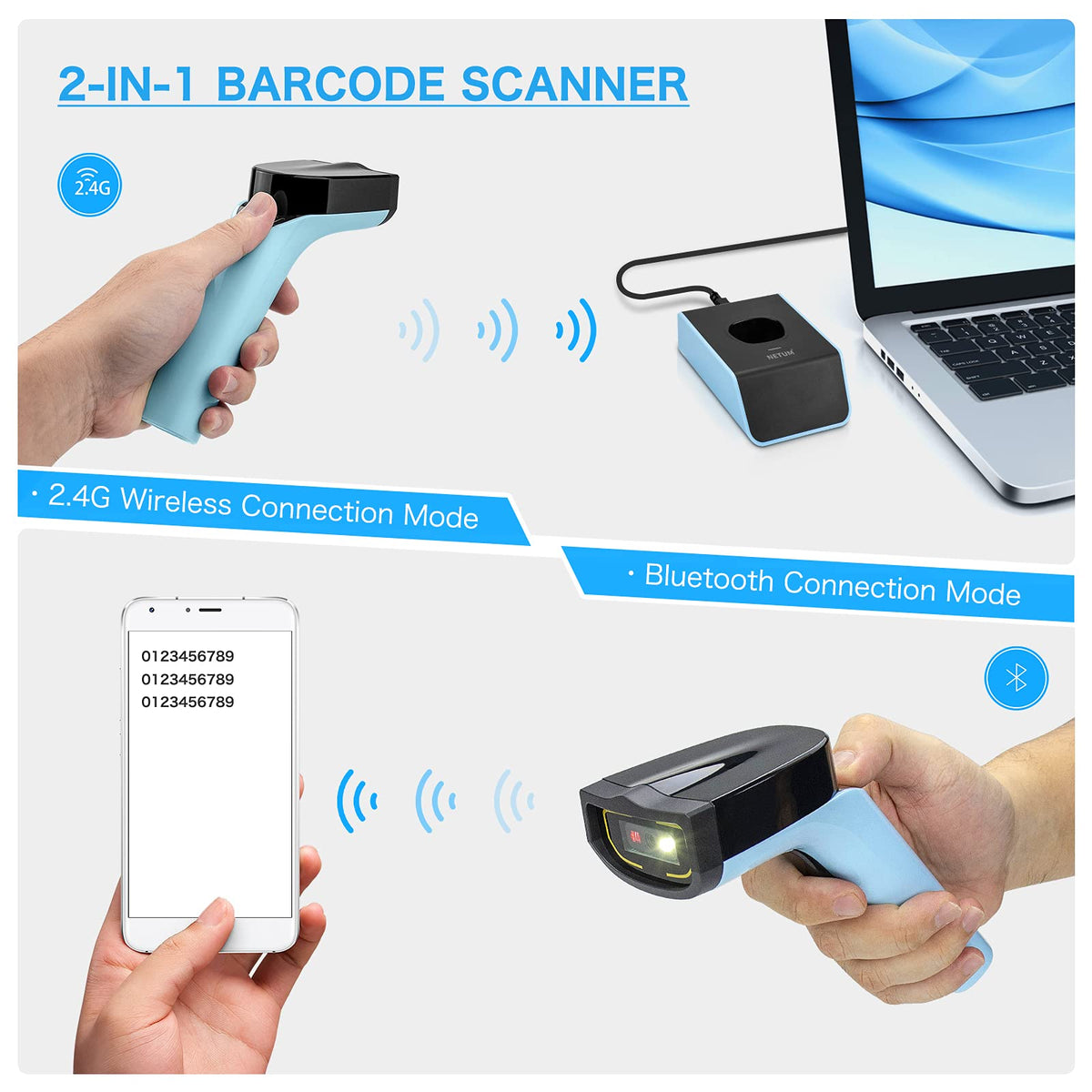 Escáner de Código de Barras Inalámbrico NETUM DS7500 Bluetooth 2D Automático con Base de Carga y Memoria Integrada