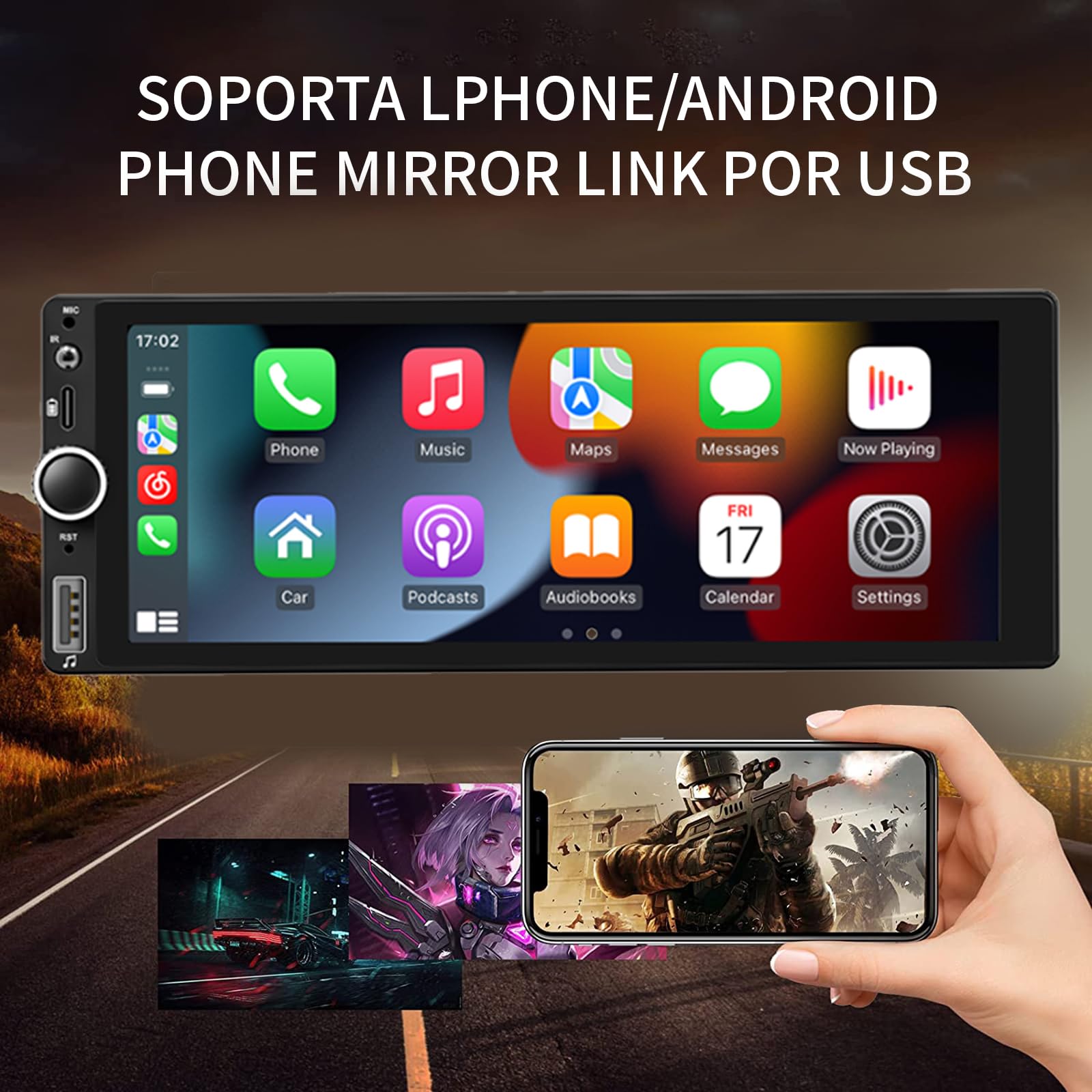 FINYQBET 1 DIN Auto Estéreo Radio de Coche Compatible con Apple CarPlay Android Auto USB Tipo C, visualización táctil de 6.9 Pulgadas, Enlace de Espejo, cámara de Respaldo Bluetooth DSP