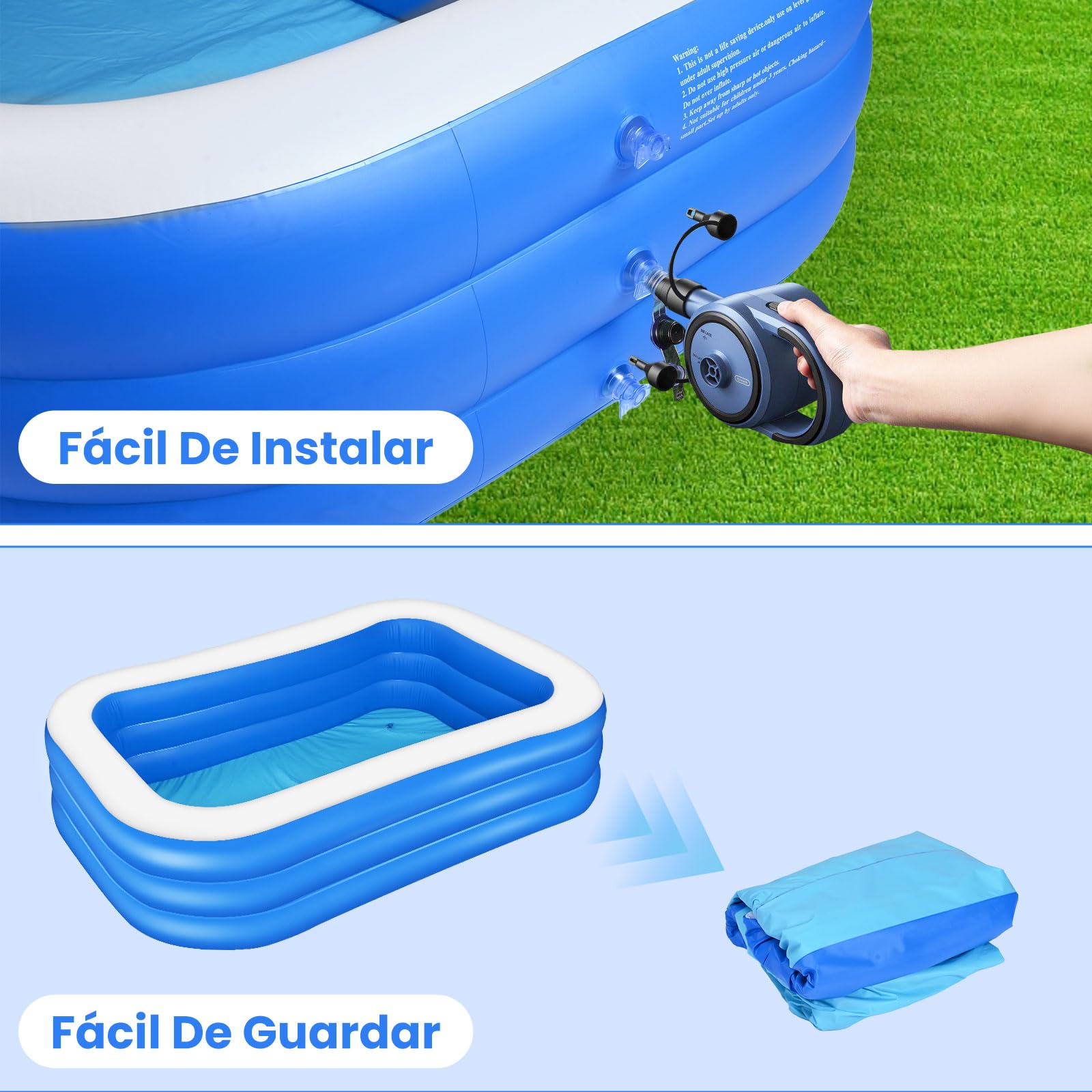 JNNQI Piscina Inflable Familiar 260x175x60 CM, Alberca Inflable Familiares Triple Grande Rectangular con Bolsa de Almacenamiento, Fiesta Acuática de Verano, Piscina Inflable al Aire Libre (Azul)