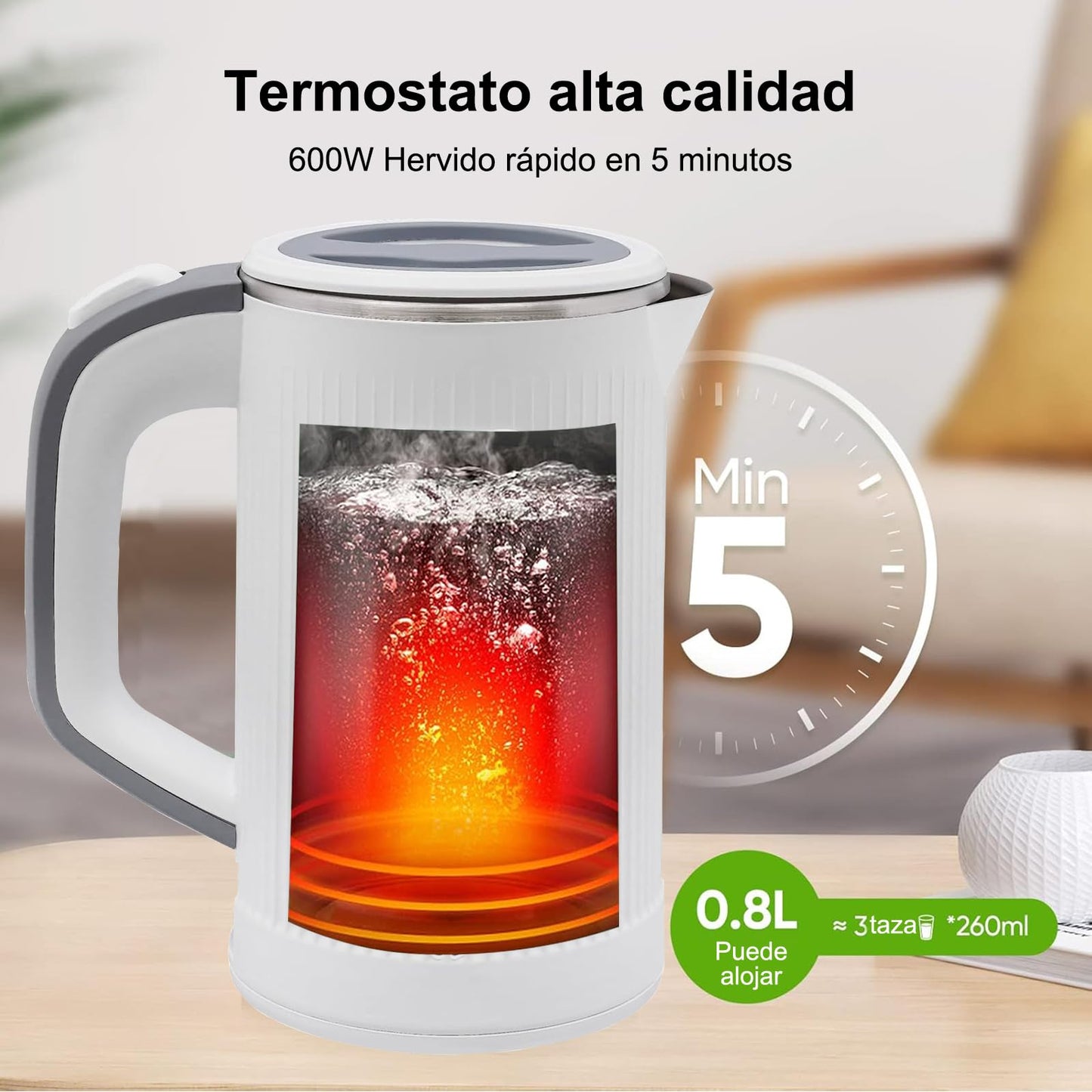 Tetera Eléctrica RYEWGRV Blanca Acero Inoxidable Portátil 0.8 L 600 W con Luz LED y Apagado Automático