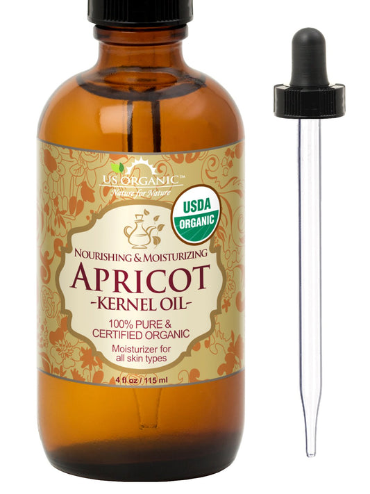 US Organic_ Aceite de Semilla de Albaricoque Orgánico, 100% Puro y Natural, Prensado en Frío, Certificado USDA, Sin Refinar, Botella de Vidrio Ámbar con Cuentagotas (115 ml)