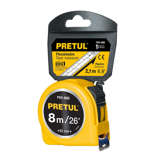 Flexómetro Pretul Amarillo 8m cinta 25 mm Tarjeta Plástica