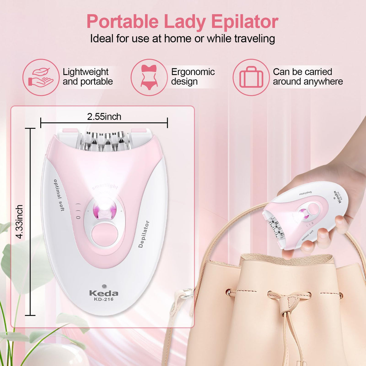 Smooth Glide Depiladora para mujer, depiladoras con luz LED, dispositivo de depilación facial de 2 velocidades, con una almohadilla de masaje vibrante y 36 pinzas para axila, brazo, pierna, bikini