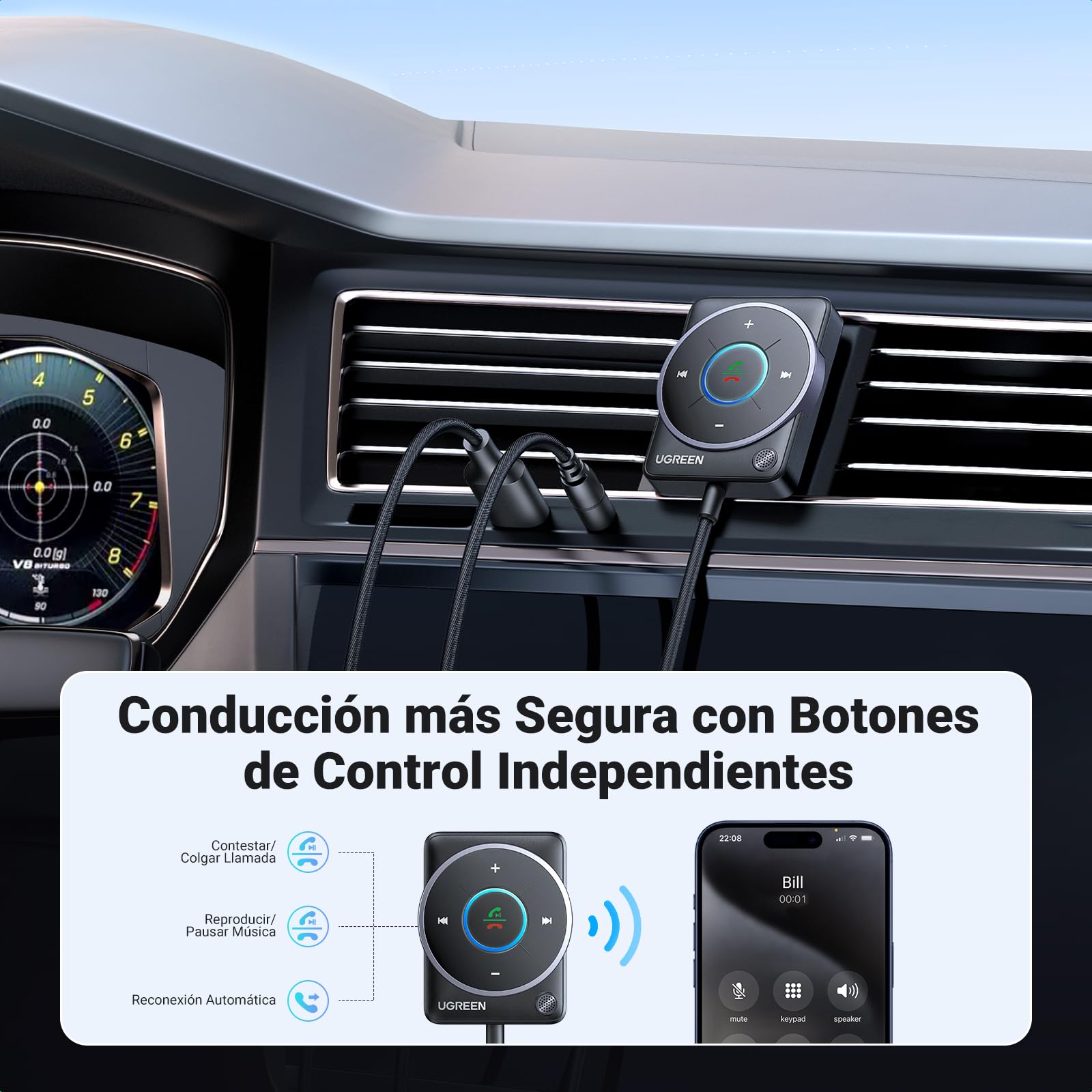 Adaptador Bluetooth UGREEN Negro Conexión Mejorada y Cancelación de Ruido para Auto