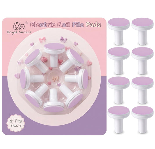 Royal Angels Almohadillas de repuesto para limas de uñas de bebé, 8 cabezales para niños pequeños y niños, universal, compatible con la mayoría de las limas de uñas eléctricas (morado, 6 – 12 meses)