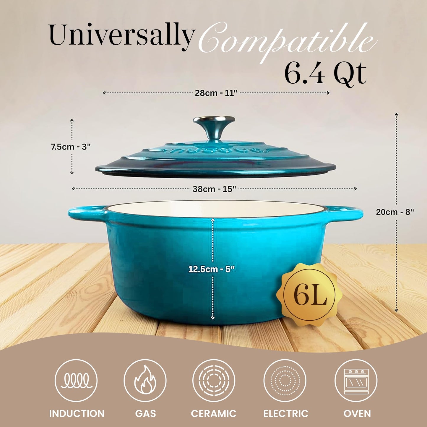 Nuovva - Horno holandés de hierro fundido con tapa - Cacerola esmaltada antiadherente - Utensilios de cocina resistente para horno holandés - Azul, 6.4 cuartos de galón, 28 cm