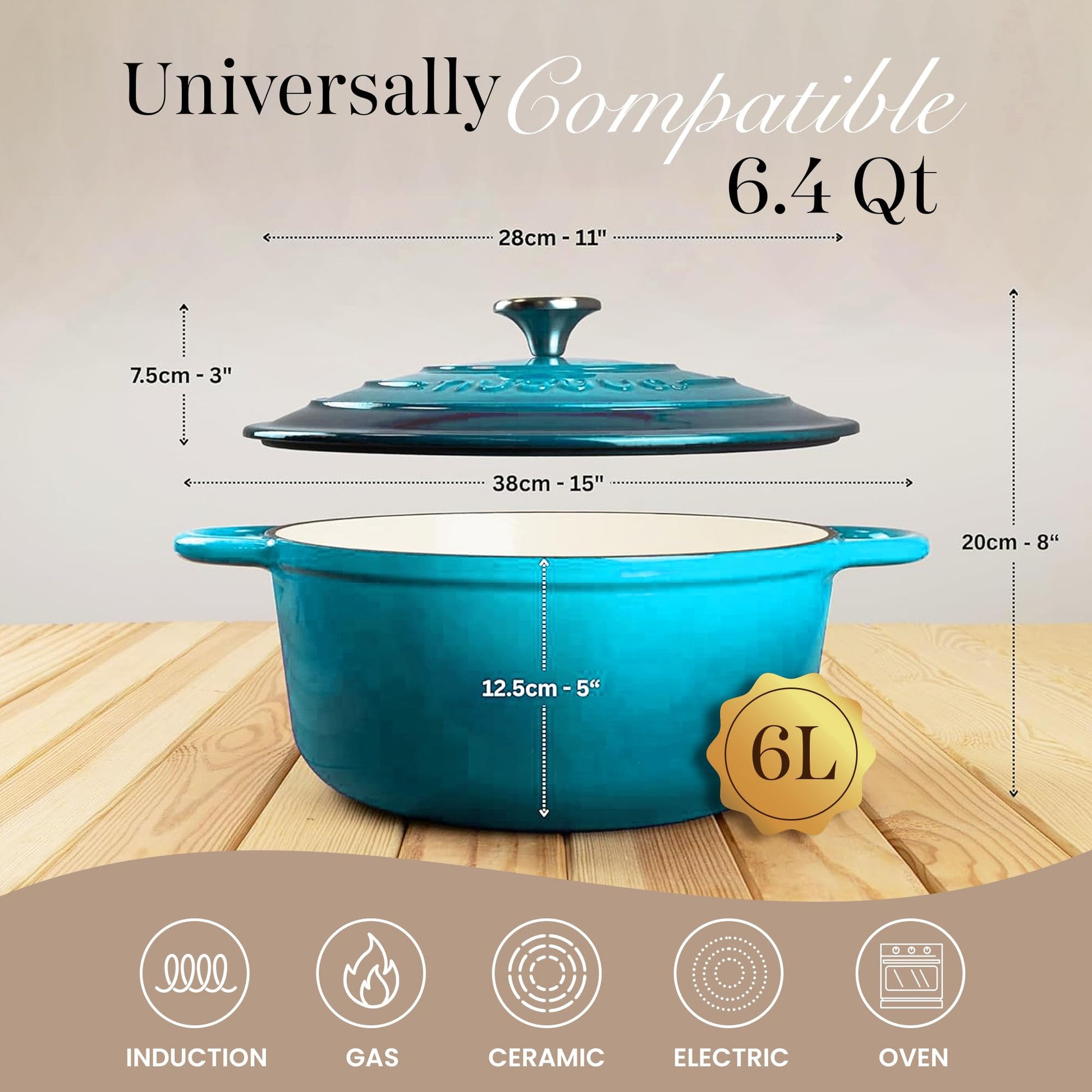 Nuovva - Horno holandés de hierro fundido con tapa - Cacerola esmaltada antiadherente - Utensilios de cocina resistente para horno holandés - Azul, 6.4 cuartos de galón, 28 cm