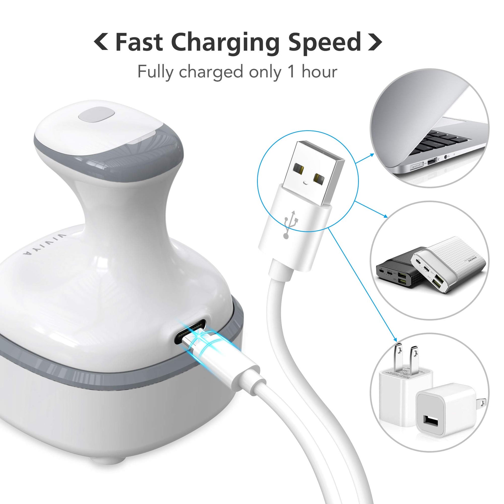 VIVIYA Masajeador de cuero cabelludo eléctrico, masajeador de cabeza portátil recargable con 4 garras de masaje extraíbles, resistente al agua para el cuero cabelludo de mano para masaje de cuerpo completo, crecimiento del cabello y relajación del estrés