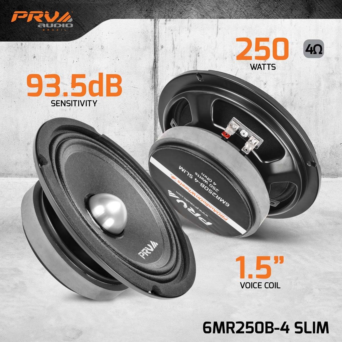 PRV AUDIO 6MR250B-4 Altavoz bala de rango medio poco profundo de 6.5 pulgadas, delgado, 250 vatios 4 ohmios, altavoz delgado de audio para coche, compacto para puertas (individual)