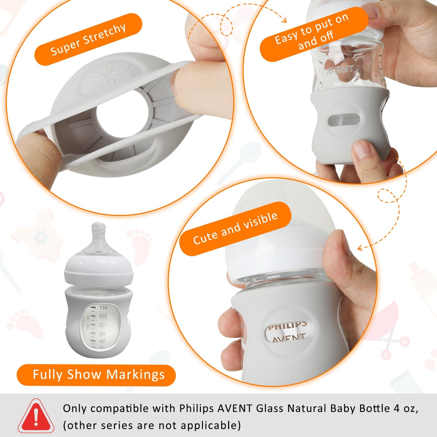 Fundas de silicona para biberón de vidrio natural Avent, paquete de 6 botellas, fundas de botella a prueba de roturas, soporte antiflujo, compatible con biberón de 4 onzas y 8 onzas, sin BPA