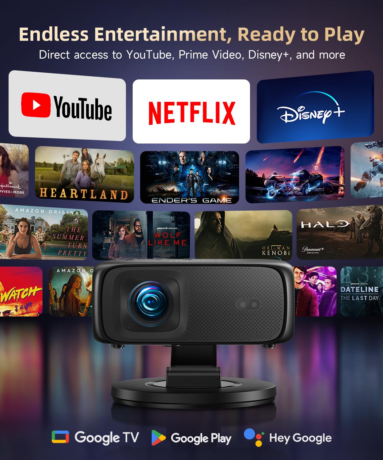 【Buit-in Google TV y control de voz】Proyector inteligente con WiFi y Bluetooth, enfoque automático y piedra clave, proyector de película portátil Native 1080P para exteriores con soporte giratorio de