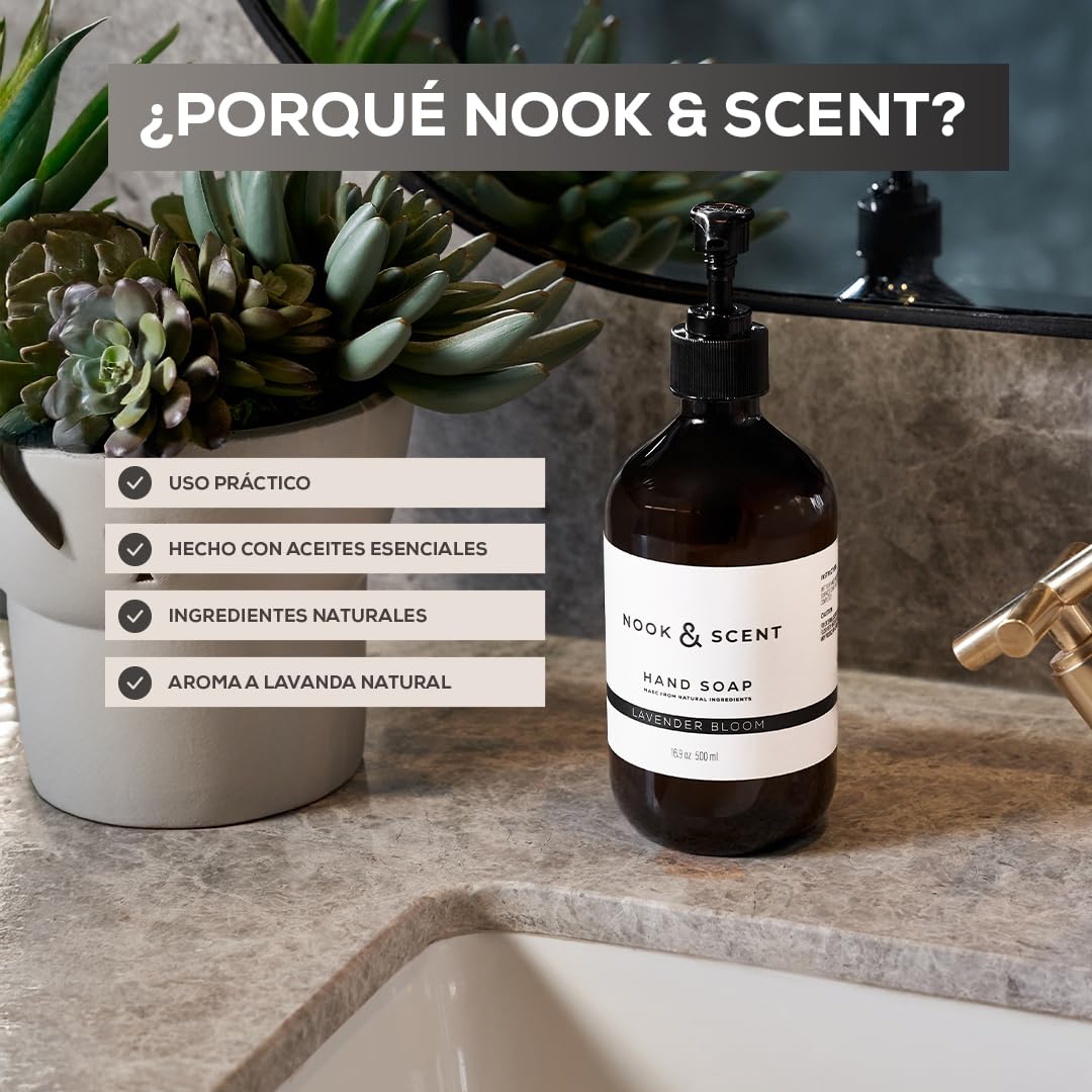 Jabón Líquido para Manos | 500 ml | Limpieza y Frescura | Libre de Sulfatos y Parabenos, Vegano, Aceites Esenciales, Aroma Energizante de Limón y Naranja | Nook & Scent (Lavanda)