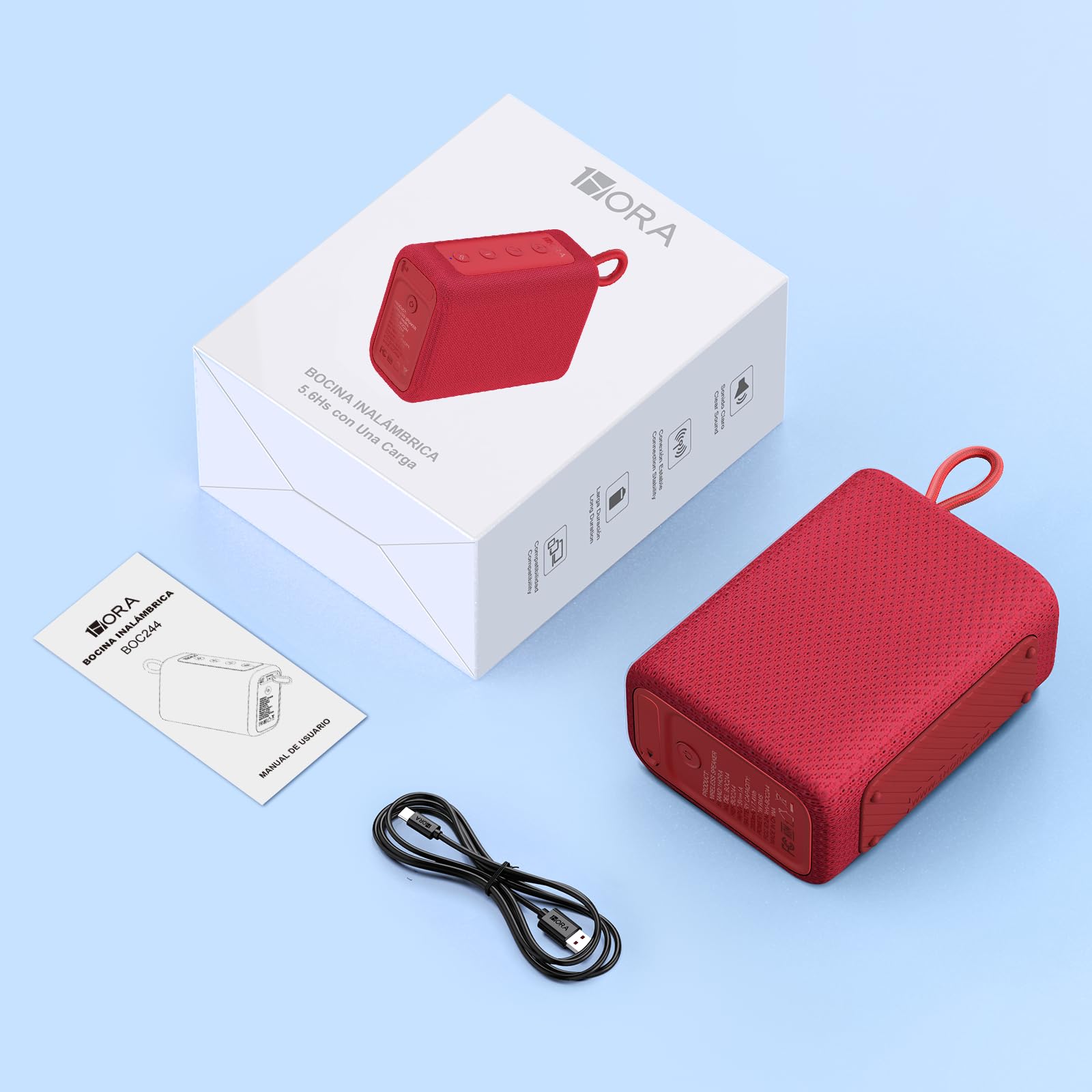 Bocina Bluetooth 7W Rojo con Sonido Estéreo TWS y USB C para Exteriores y Viajes