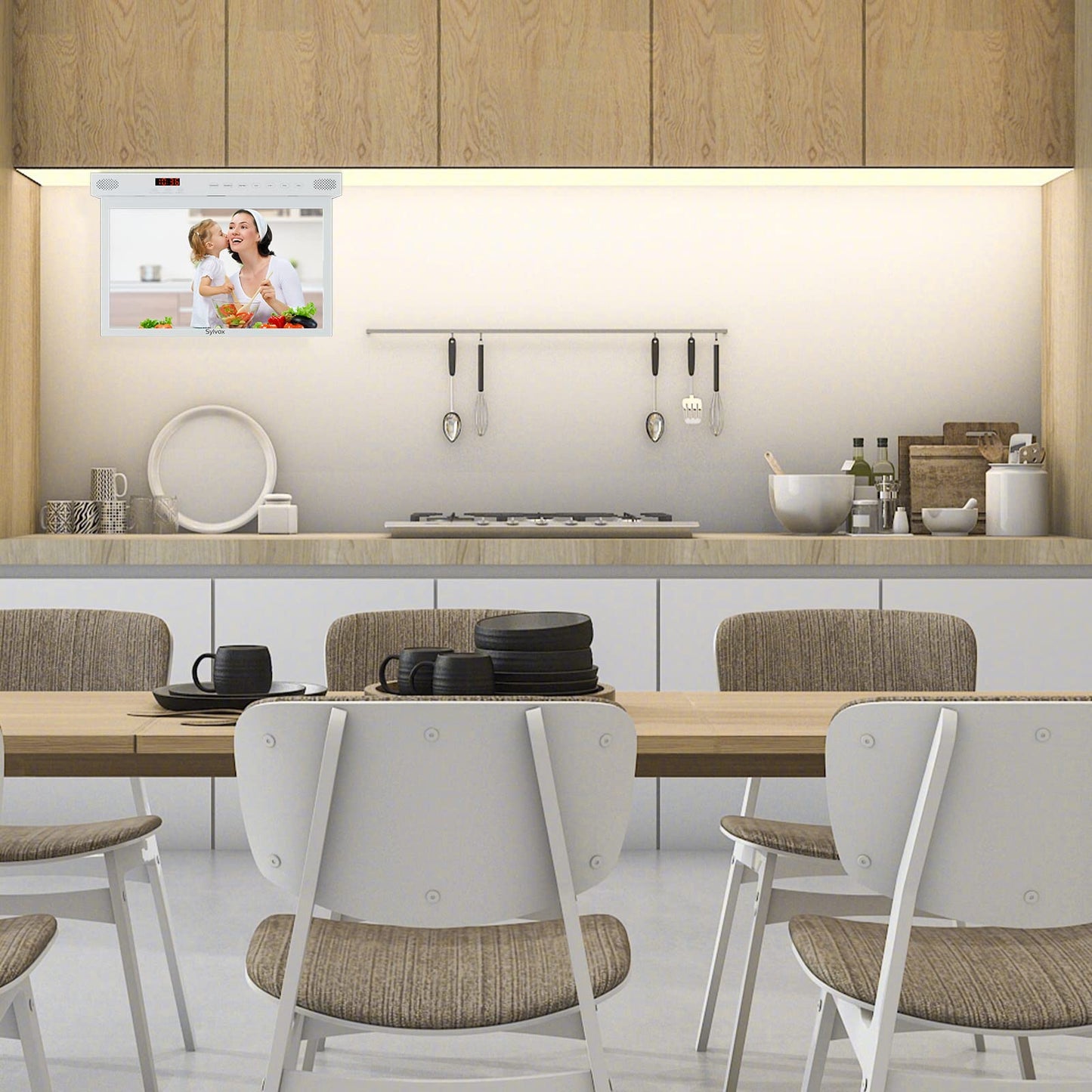 Smart TV SYLVOX Blanco Puro Rotación 360° y Visualización Abatible para Cocina y RV