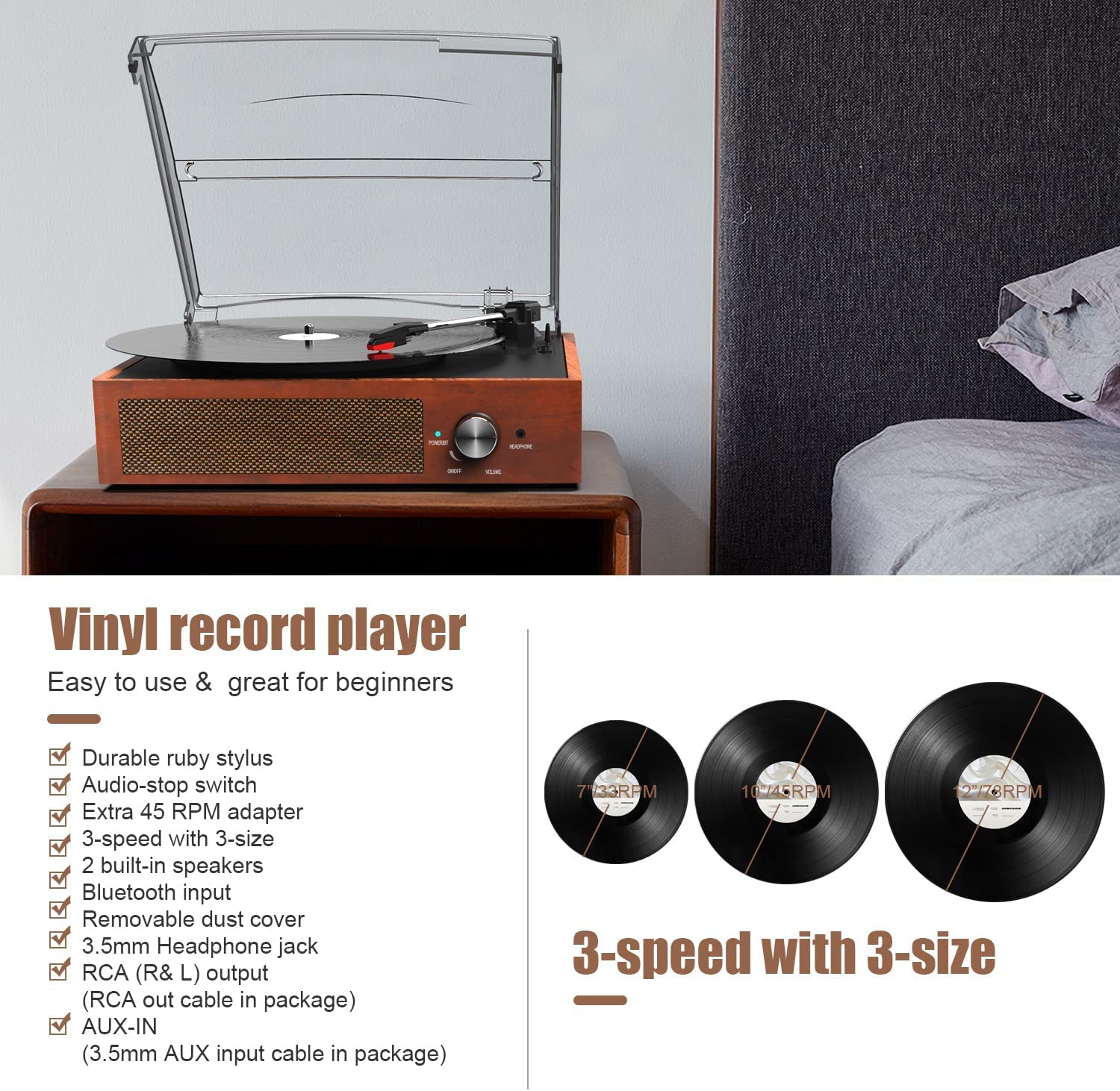 Kedok Tocadiscos de Vinilo Bluetooth con Altavoces y Tocadiscos para Discos de Vinilo, 3 velocidades, accionado por Correa, Tocadiscos de Vinilo para Entretenimiento AUX en Salida RCA