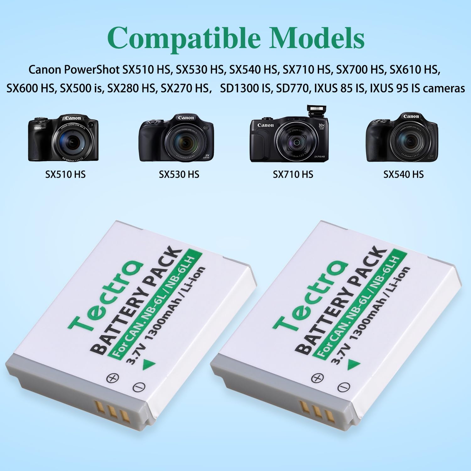 Baterías Rechargables Tectra NB-6L NB-6LH y Cargador LED Dual Canon PowerShot
