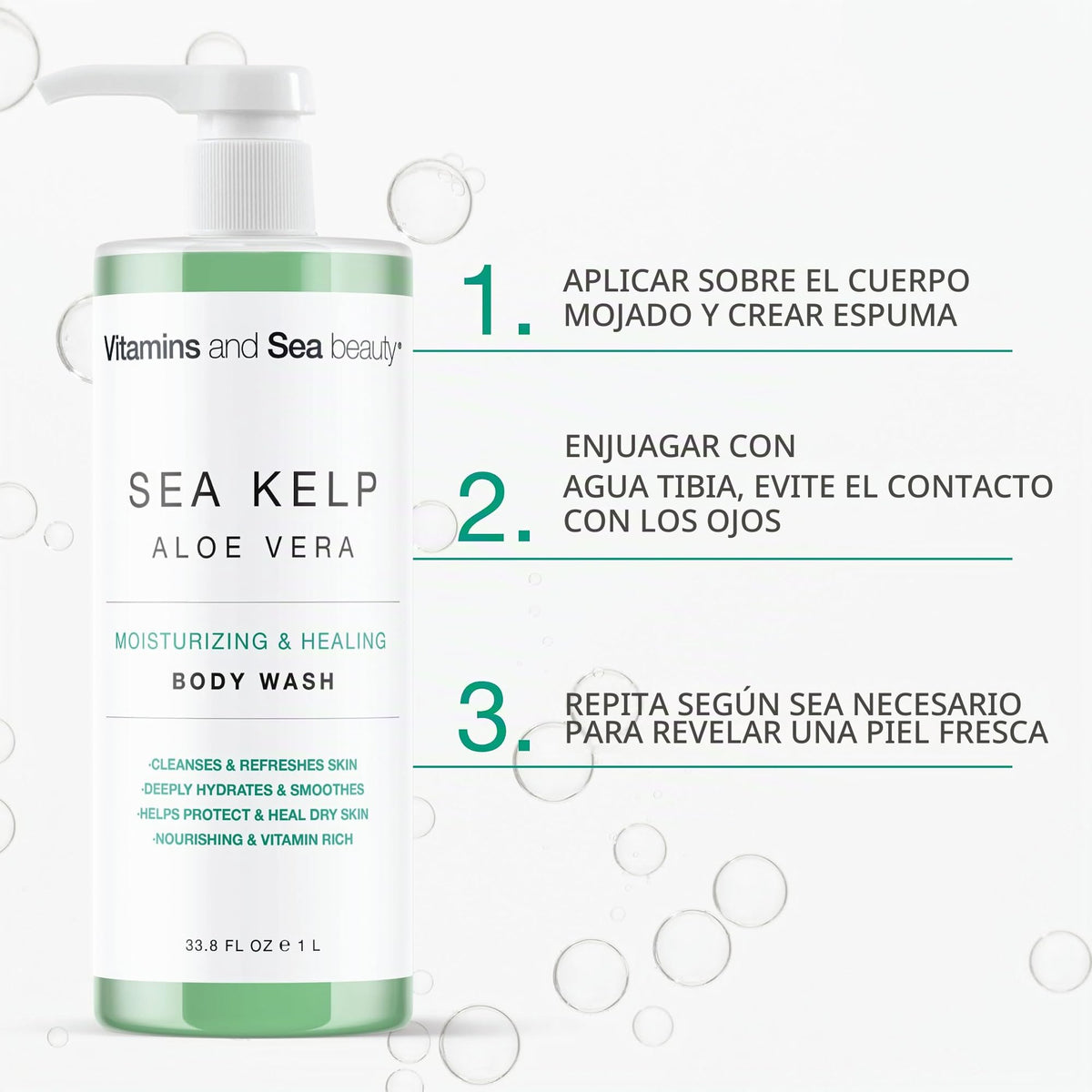 Vitamins And Sea Beauty - Body Wash Shower Gel with Sea Kelp & Aloe Vera. Jabón Corporal Líquido Hidratante y Reparador con Alga Marina y Aloe Vera 1 L