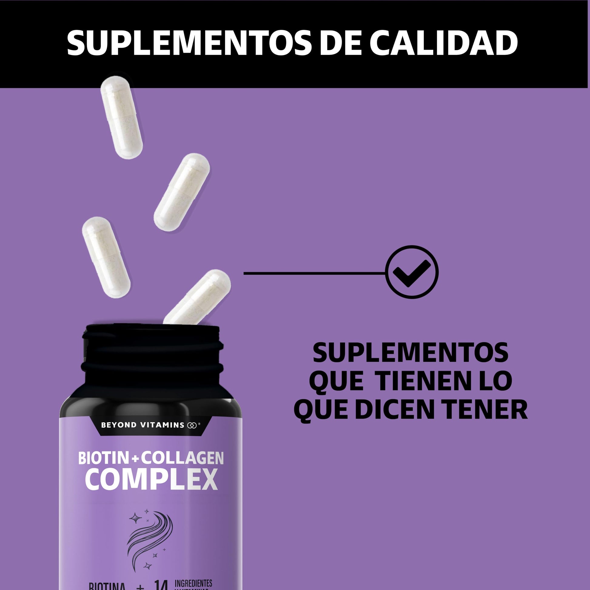Biotin+Collagen Complex- Contiene Biotina + Colágeno + 15 Ingredientes y Vitaminas - Suplemento Vitamínico - Suplemento Alimenticio en Cápsulas - Sin Azúcar-Ingredientes NON GMO-150 cápsulas para 150 días.